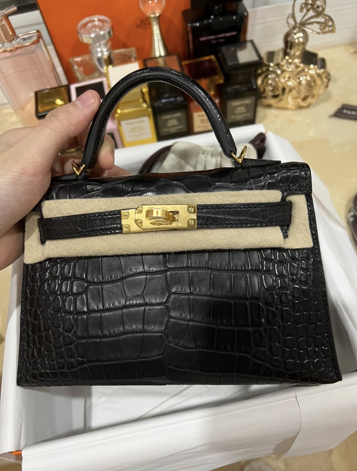 Kelly mini 2 Gold hardware black matte American crocodile leather custom