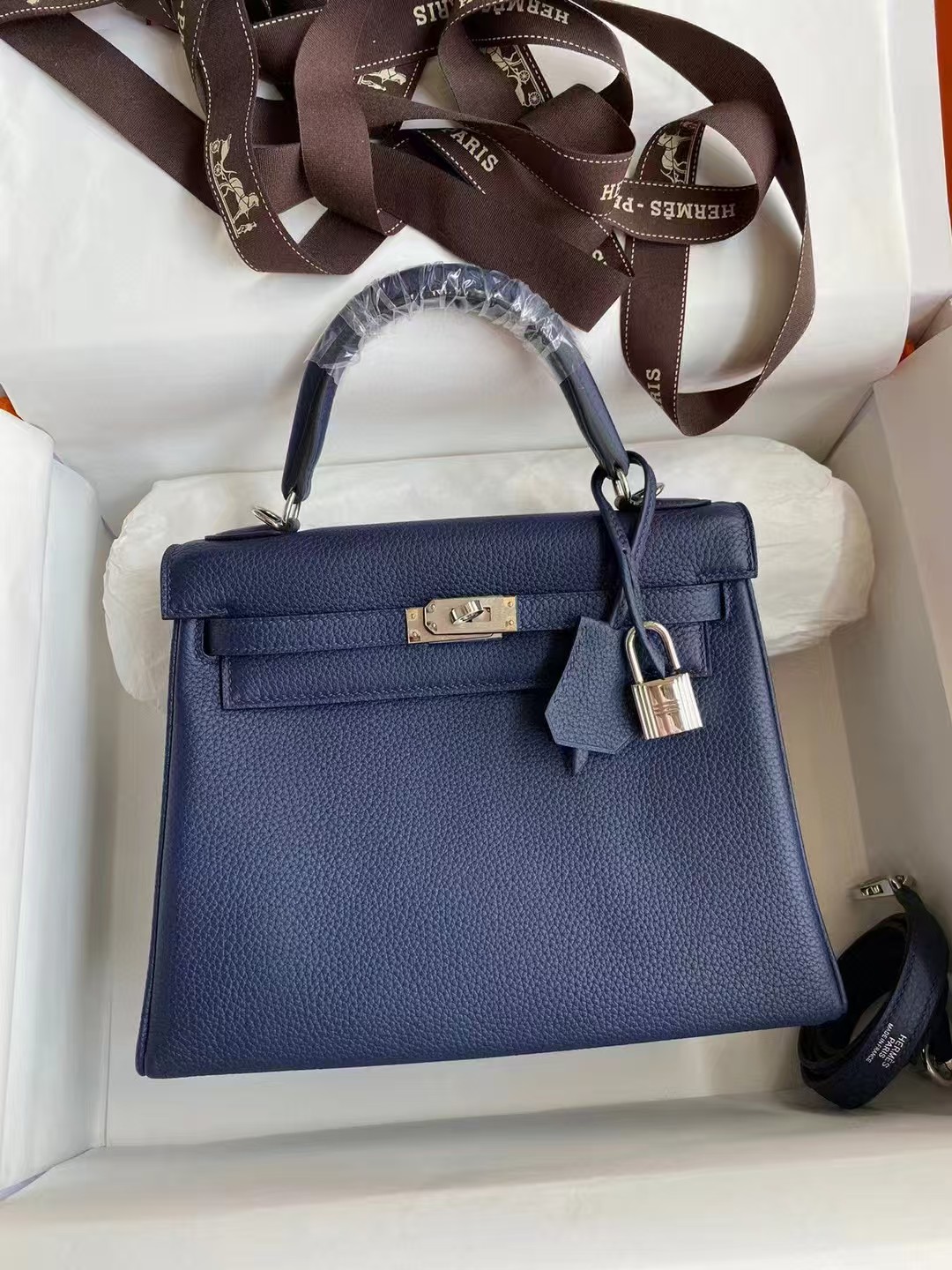 Kelly 25 -28 in Togo Leather, Silver Hardware, Dark Blue custom