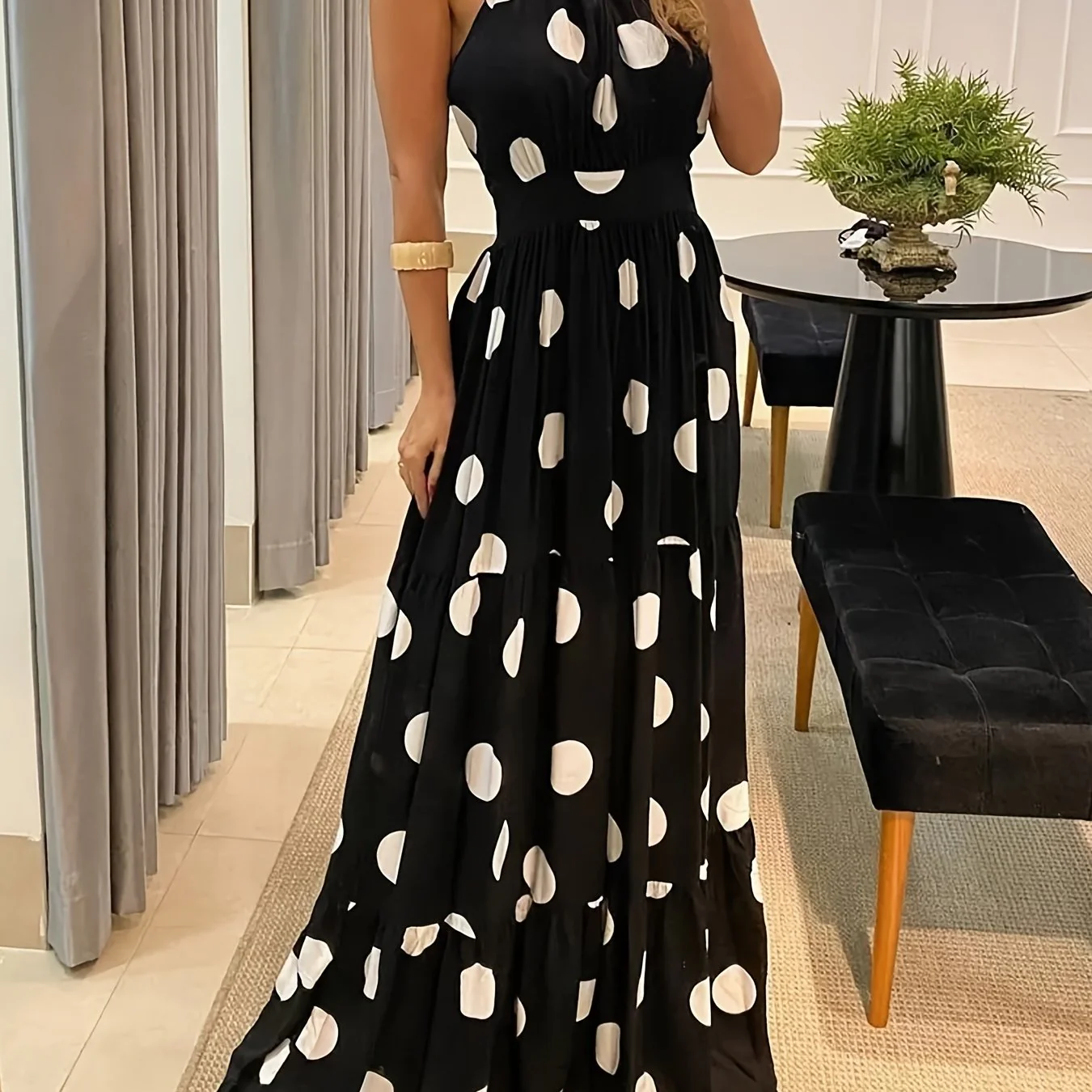 Sixsr Polka Dot Halter Neck Dress, Sexy Backless Sleeveless Slim Waist Maxi Dress, Women's Clothing