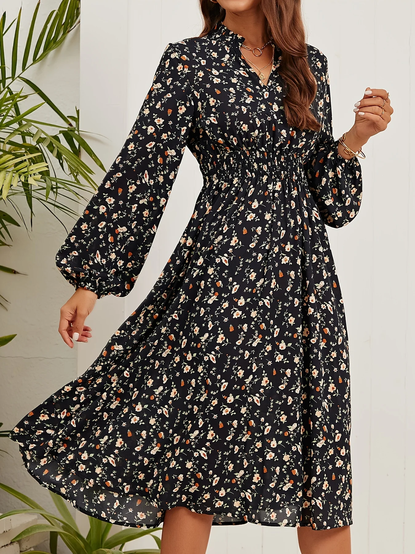 Sixsr Floral Print Elegant Slim Dress, Long Sleeve Casual Every Day Dress For All Season, Women's Clothing