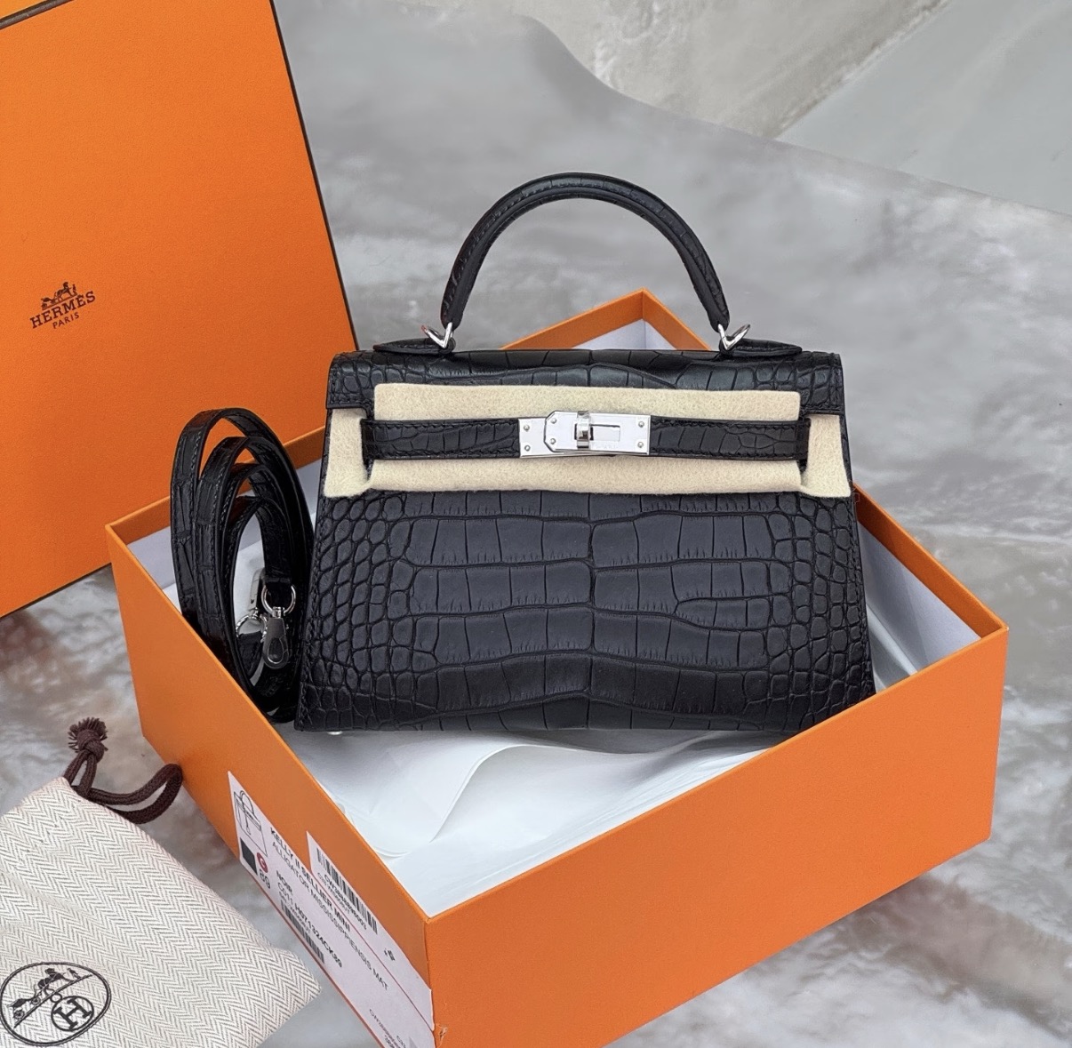 Kelly mini 2 silver hardware black matte American crocodile leather custom