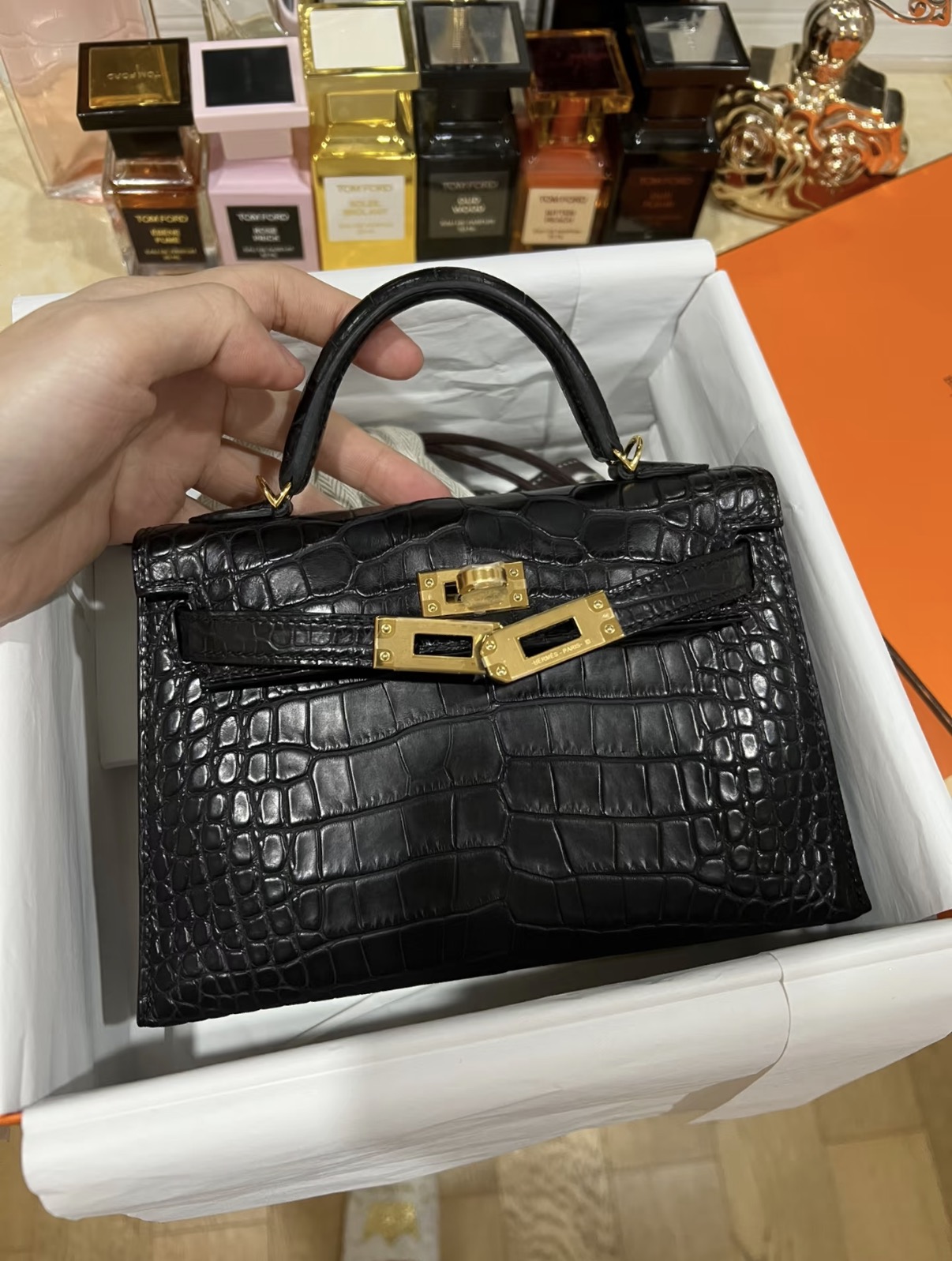 Kelly mini 2 Gold hardware black matte American crocodile leather custom