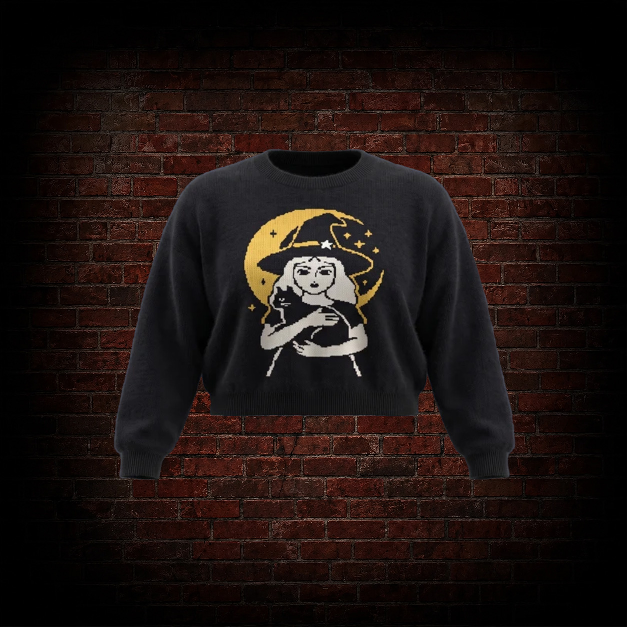 Witch Girl Cat Cropped Sweater