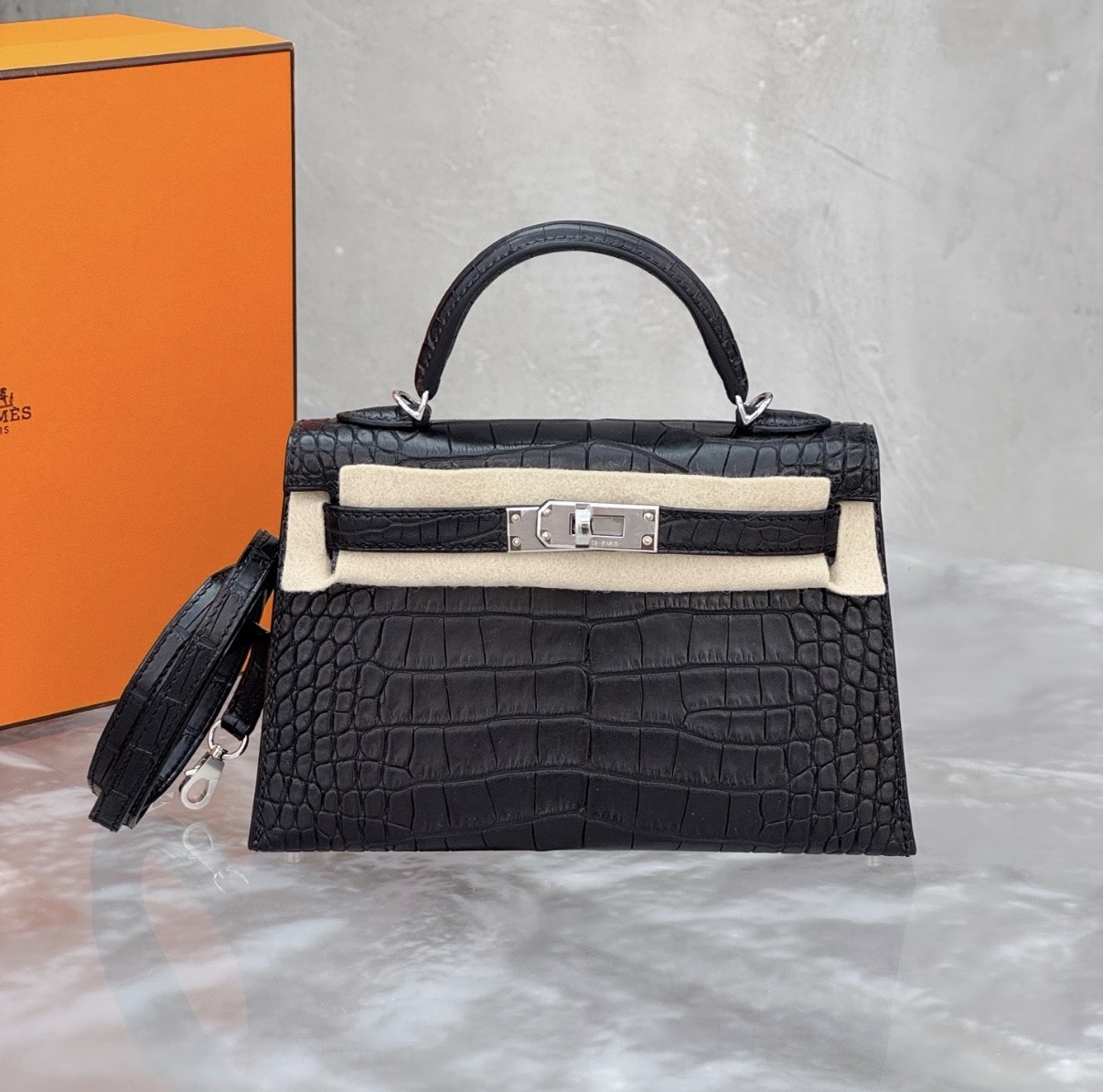 Kelly mini 2 silver hardware black matte American crocodile leather custom