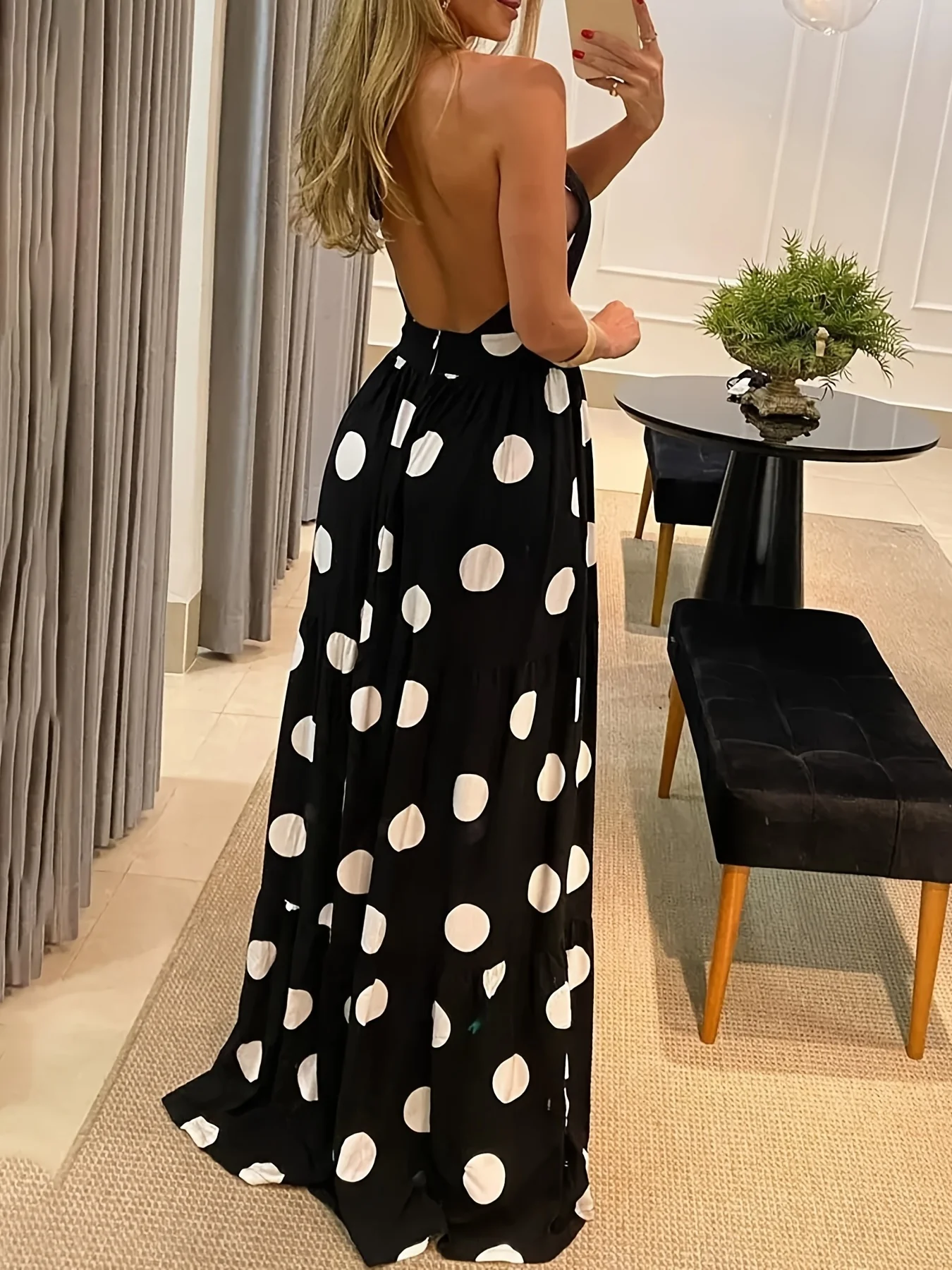 Sixsr Polka Dot Halter Neck Dress, Sexy Backless Sleeveless Slim Waist Maxi Dress, Women's Clothing