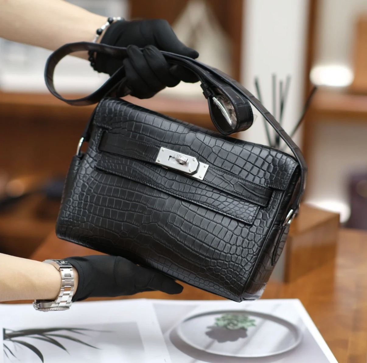 Kelly message Black crocodile leather silver hardware custom - MOVEMENTARTISAN