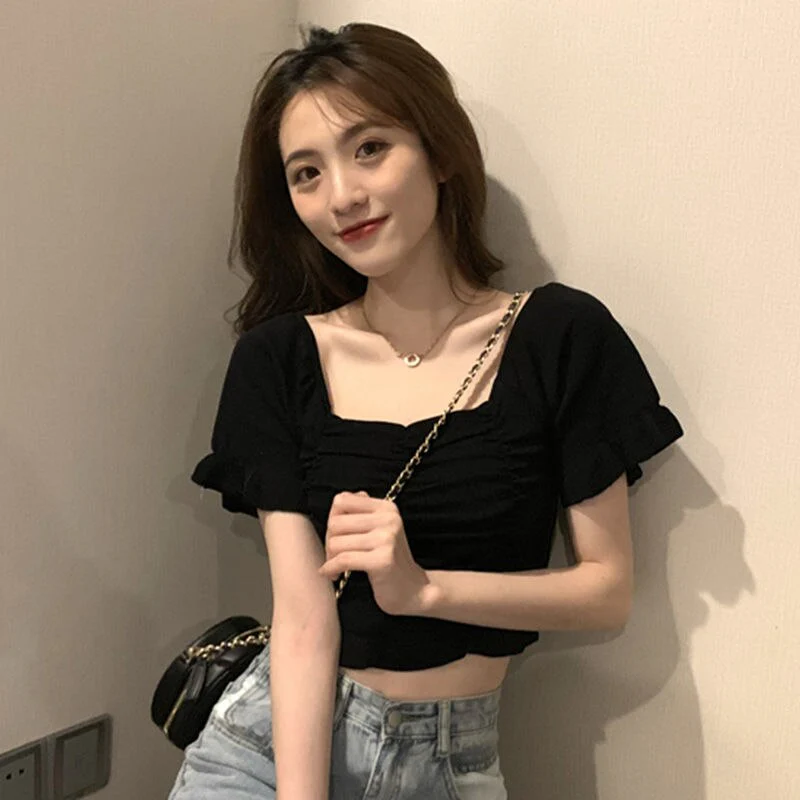 Knitted Fashion Blouse Woman Ruffle Youth Elegant Blouse Summer Crop top Sexy Slim fit Shirt Short sleeve