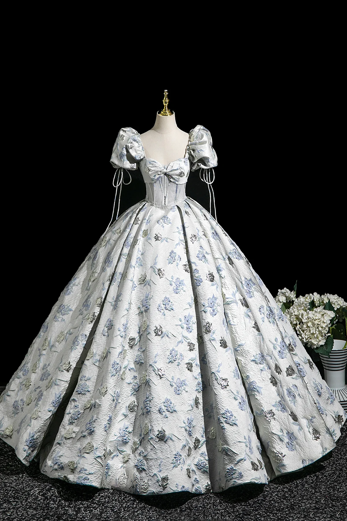 Elegant Floral Print Long Prom Dress, A-Line Short Sleeve Evening Party Dress