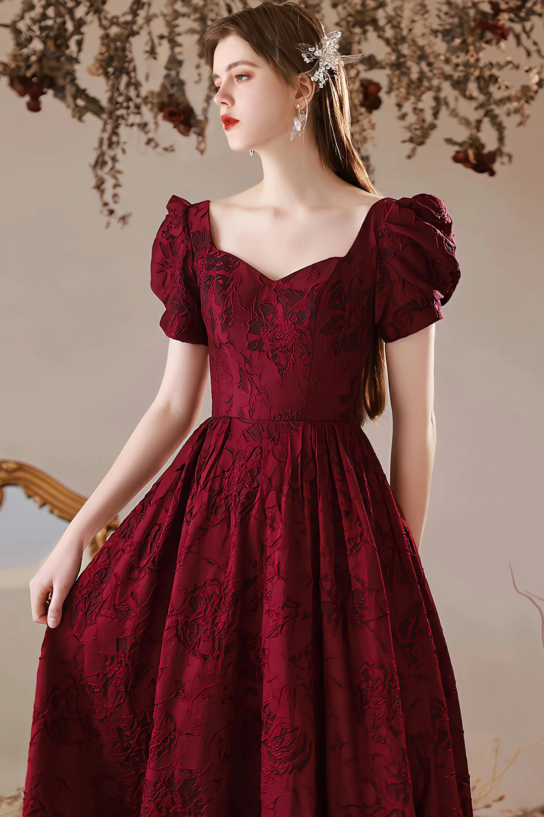 Elegant Satin Floor Length Prom Dress, Burgundy A-Line Short Sleeve Evening Party Dress