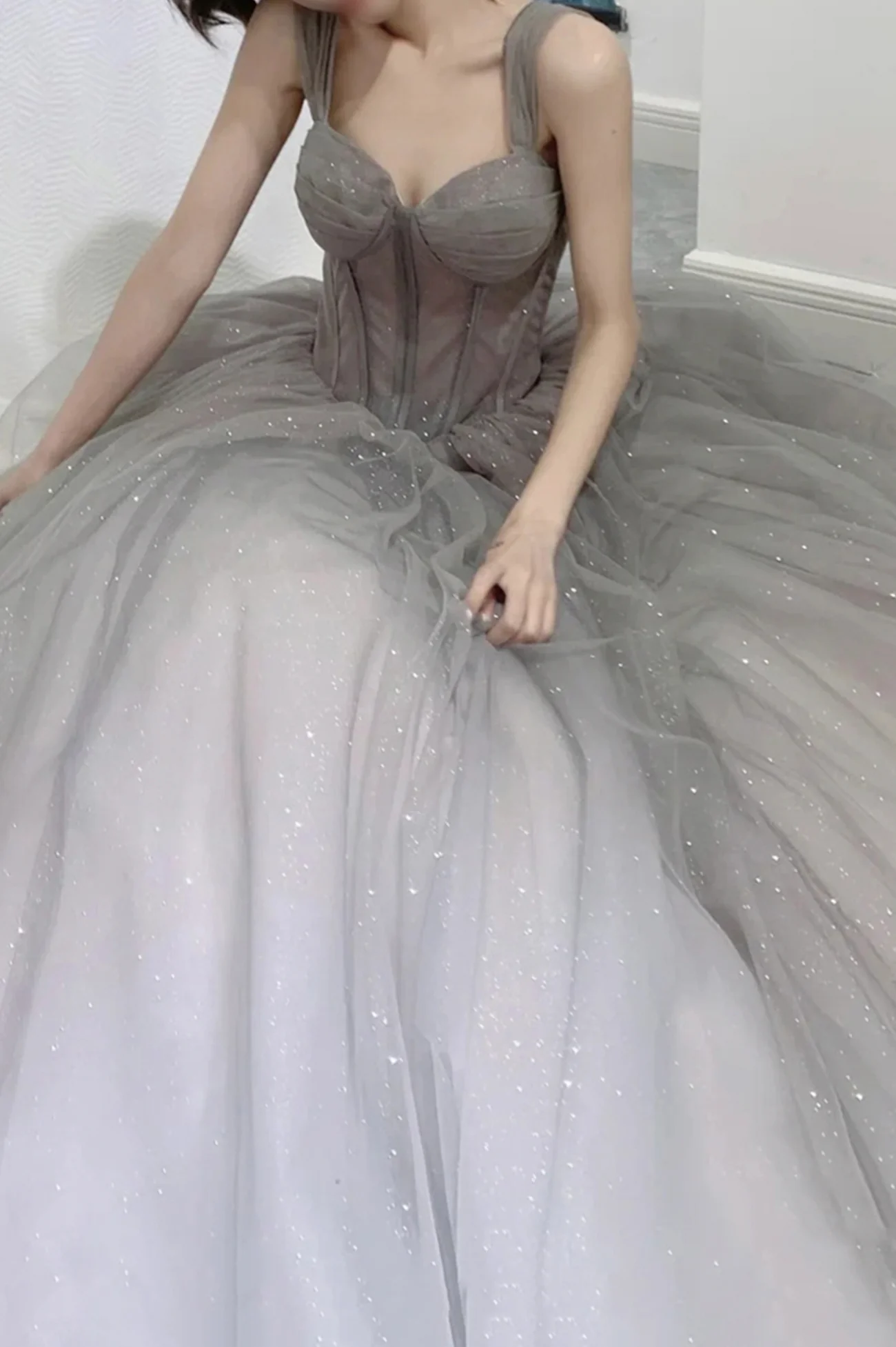 Gray Gradient Tulle Long A-Line Prom Dress
