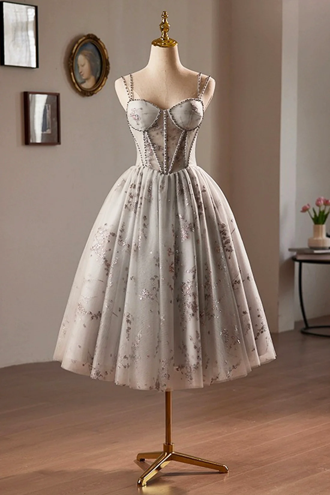 Gray Beading Sequins Short A-Line Party Dress, Lovely Spaghetti Straps Backless Evening Dress
