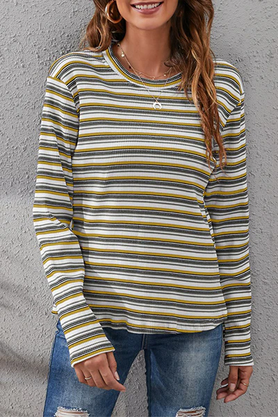 Casual Striped Patchwork Basic O Neck Tops(3 Colors)