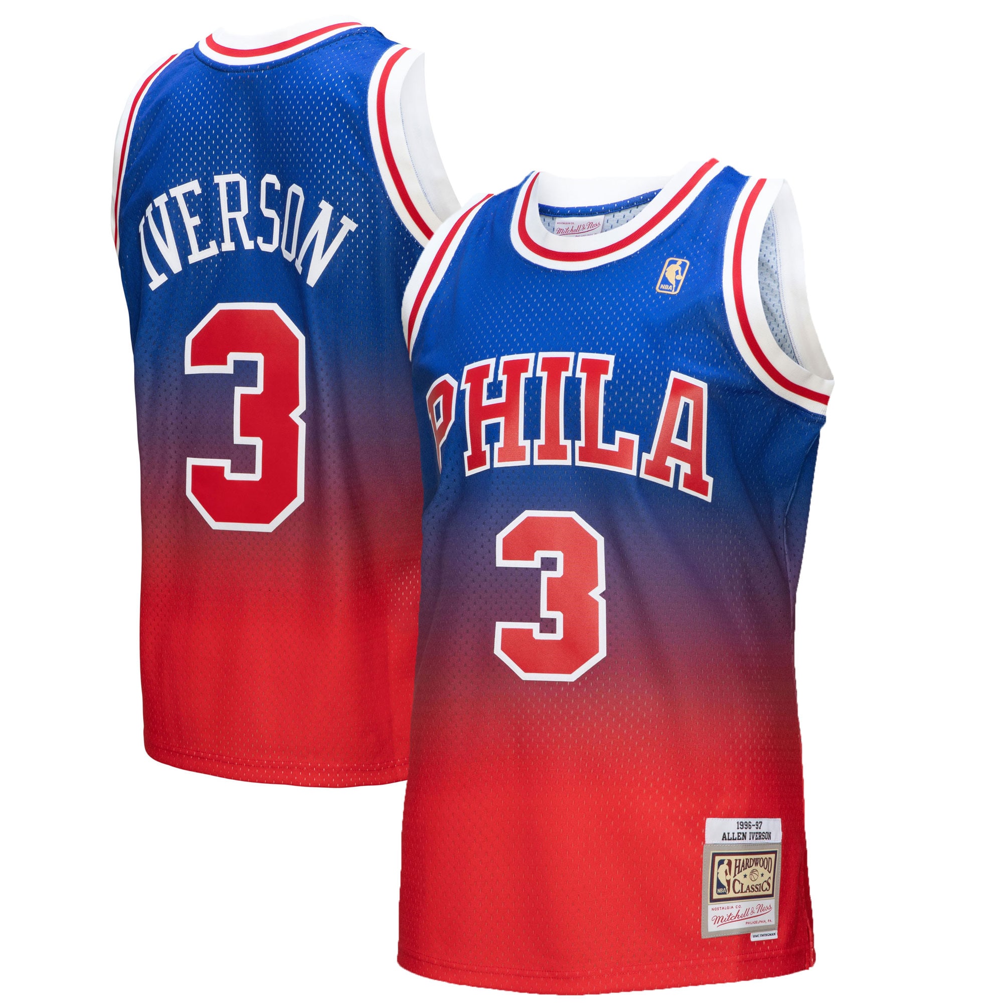 Allen Iverson Philadelphia 76ers Mitchell & Ness 1996\/97 Hardwood Classics Fadeaway Swingman Player Jersey - Red\/Royal