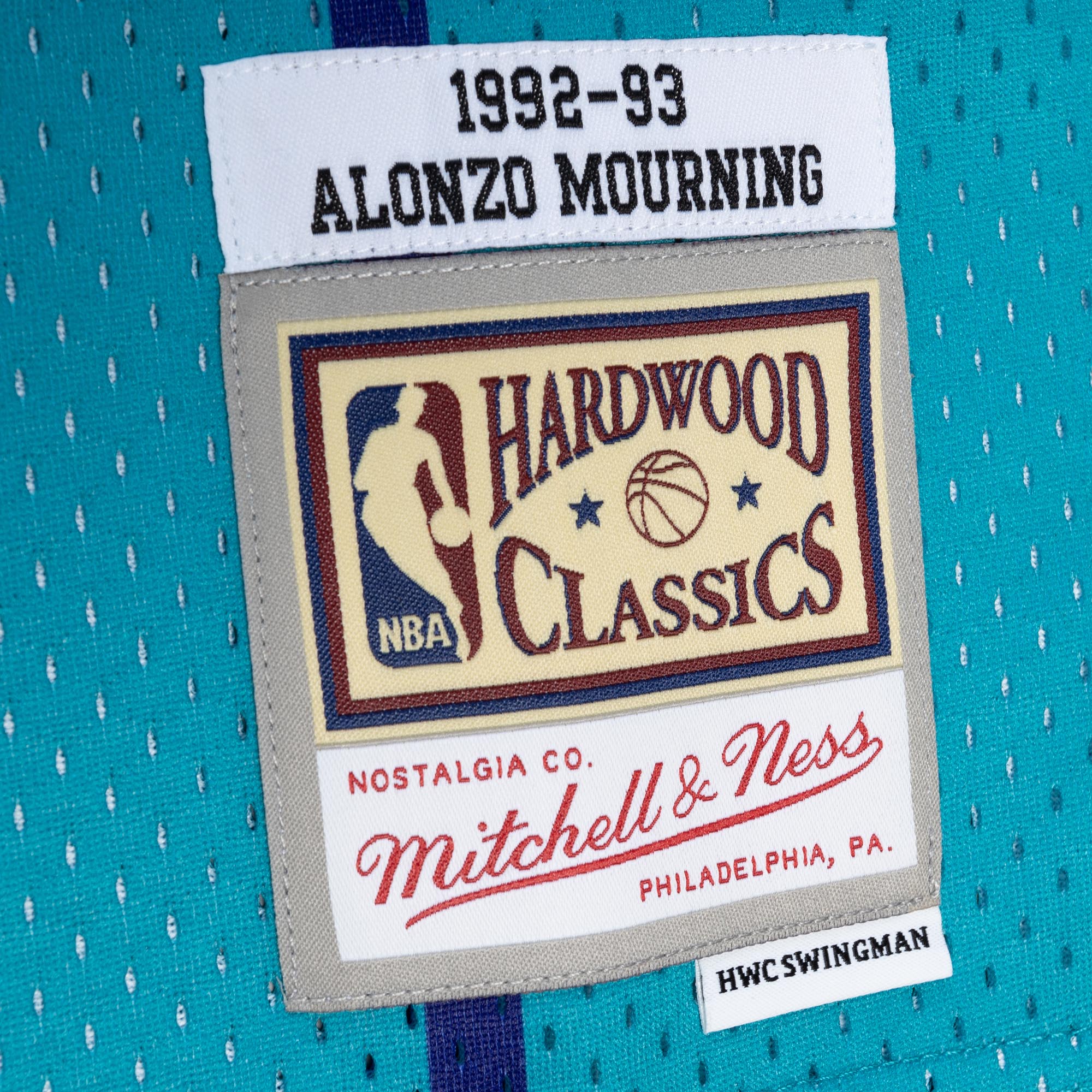Alonzo Mourning Charlotte Hornets Mitchell & Ness Hardwood Classics 1992\/93 Split Swingman Jersey - Teal\/Purple