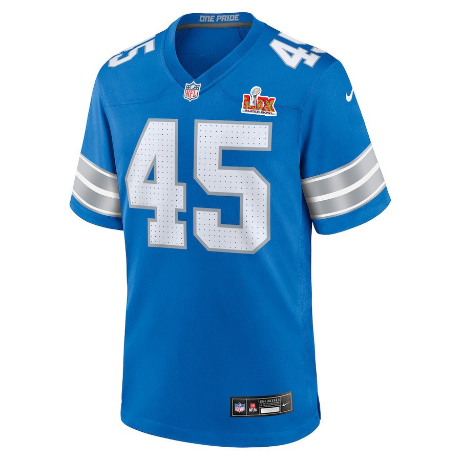 Isaac Ukwu #45 Detroit Lions Super Bowl LIX Jersey - Men's - Blue