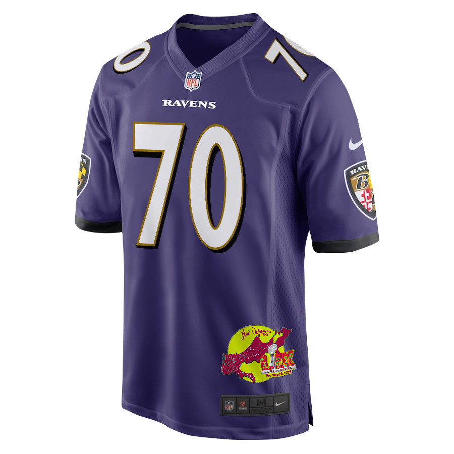 Roger Rosengarten 70 Baltimore Ravens Super Bowl LIX New Orleans Patch Game Men Jersey - Purple