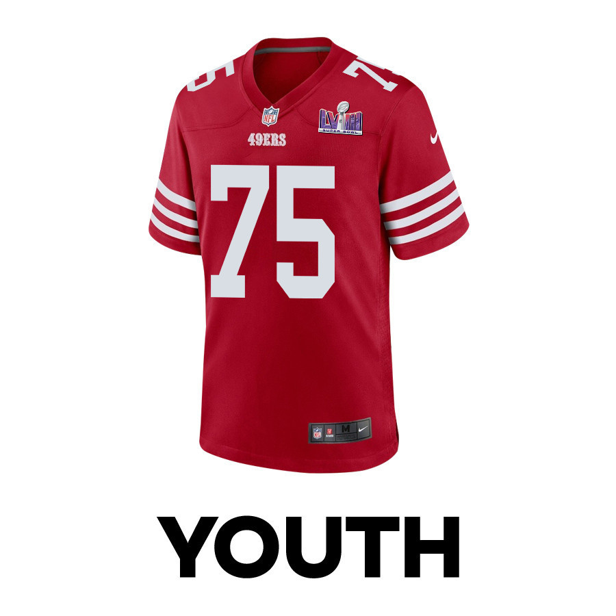 Matt Pryor 75 San Francisco 49ers Super Bowl LVIII Patch Game YOUTH Jersey - Scarlet