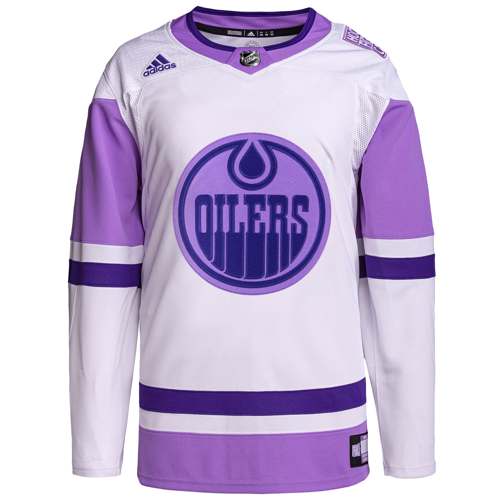 Edmonton Oilers adidas Hockey Fights Cancer Primegreen Authentic Blank Practice Jersey - White\/Purple