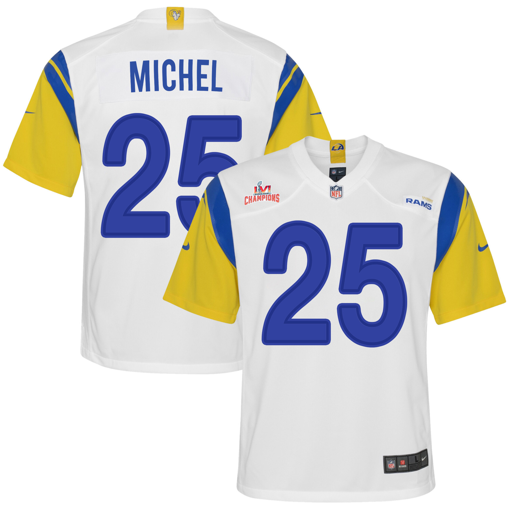 Super Bowl LVI Champions Los Angeles Rams Sony Michel 25 White Youth's Jersey Jersey