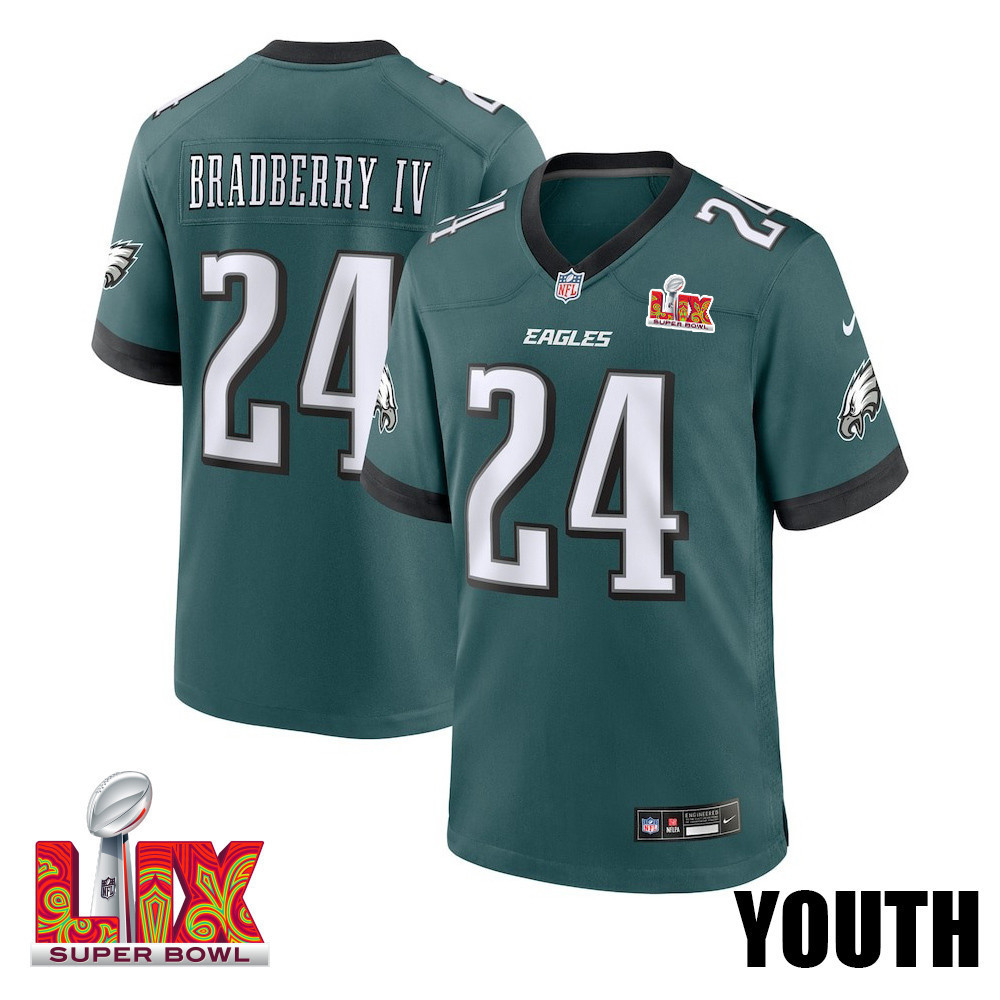 James Bradberry IV #24 Philadelphia Eagles Super Bowl LIX YOUTH Jersey - Midnight Green