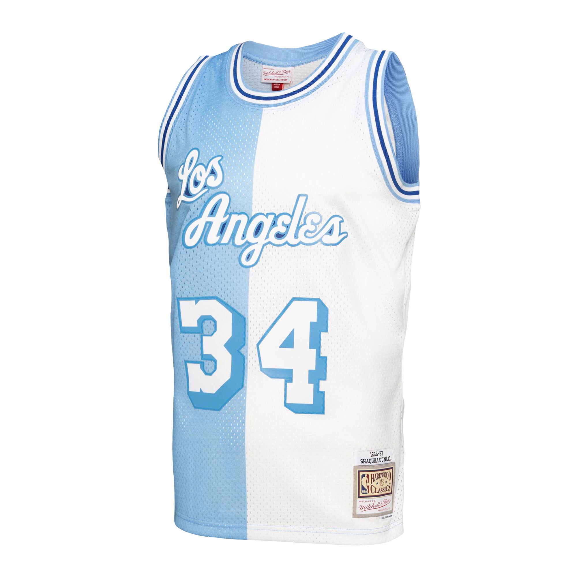 Shaquille O'Neal Los Angeles Lakers Mitchell & Ness Big & Tall Hardwood Classics 1996\/97 Split Swingman Jersey - Powder Blue\/White