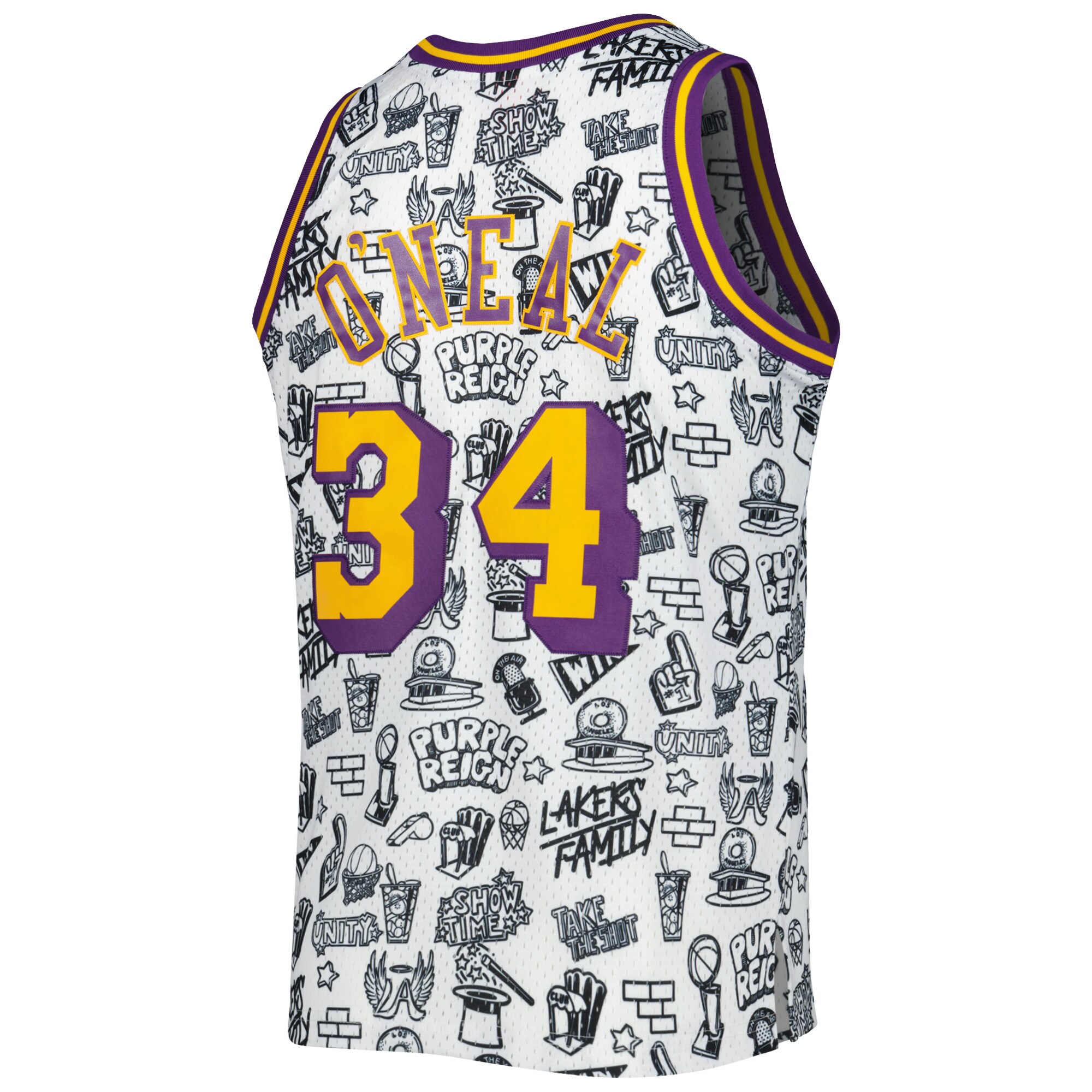 Shaquille O'Neal Los Angeles Lakers Mitchell & Ness 1996\/97 Hardwood Classics Doodle Swingman Jersey - White