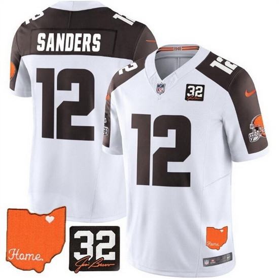 Cleveland Browns 12 Shedeur Sanders White Brown 2025 Draft F U S E With Jim Brown Memorial 26 Home Patch Vapor Limited Stitched Football Jersey