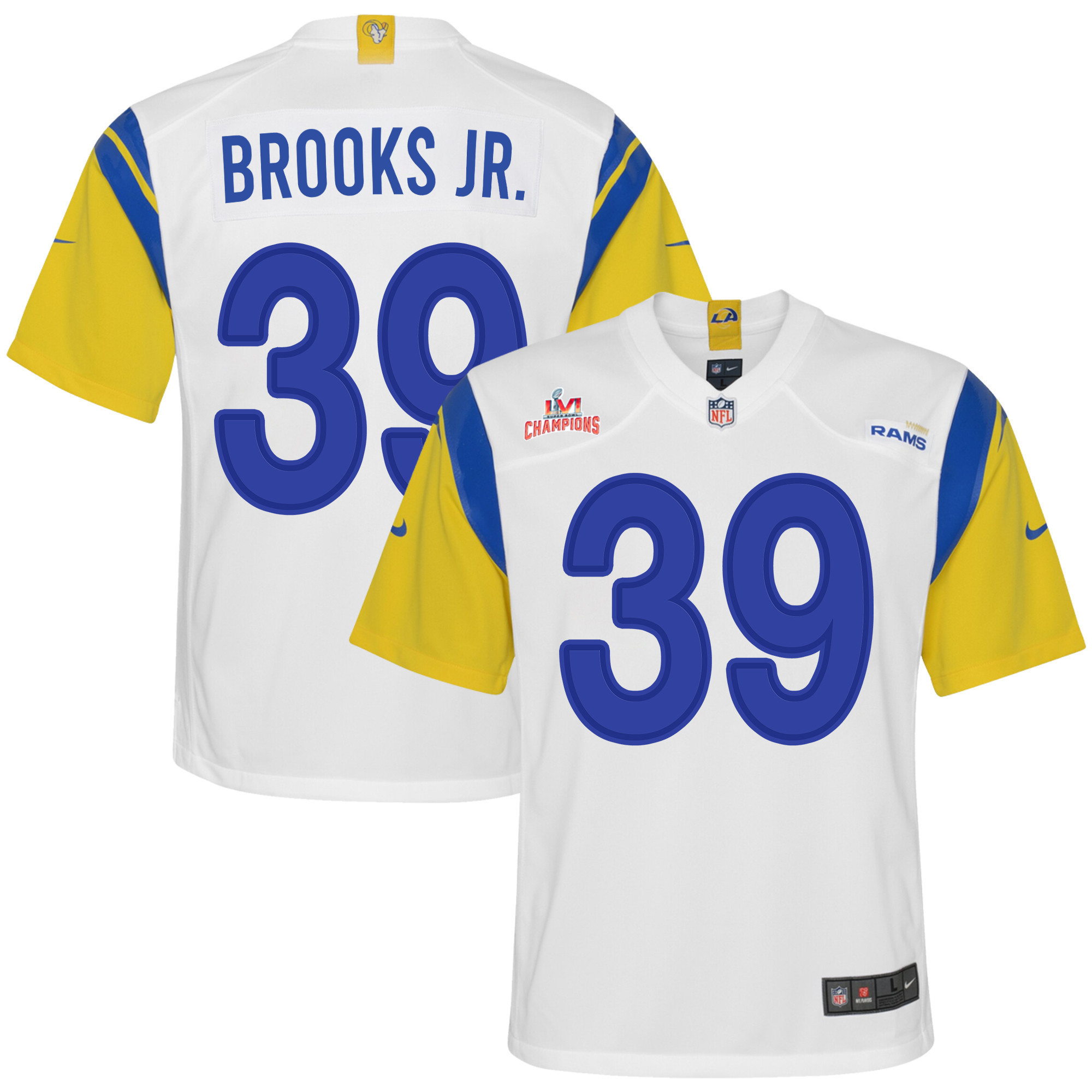 Super Bowl LVI Champions Los Angeles Rams Antoine Brooks Jr. 39 White Youth's Jersey Jersey