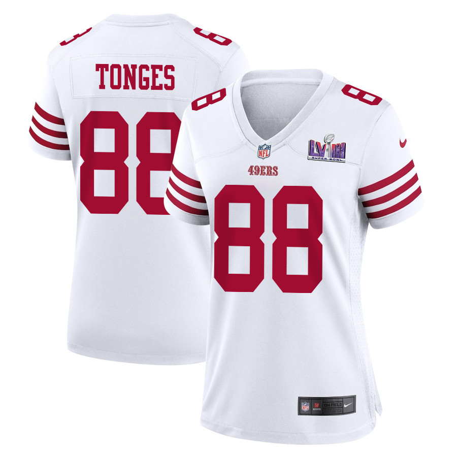 Jake Tonges 88 San Francisco 49ers Super Bowl LVIII Patch Game Women Jersey - White
