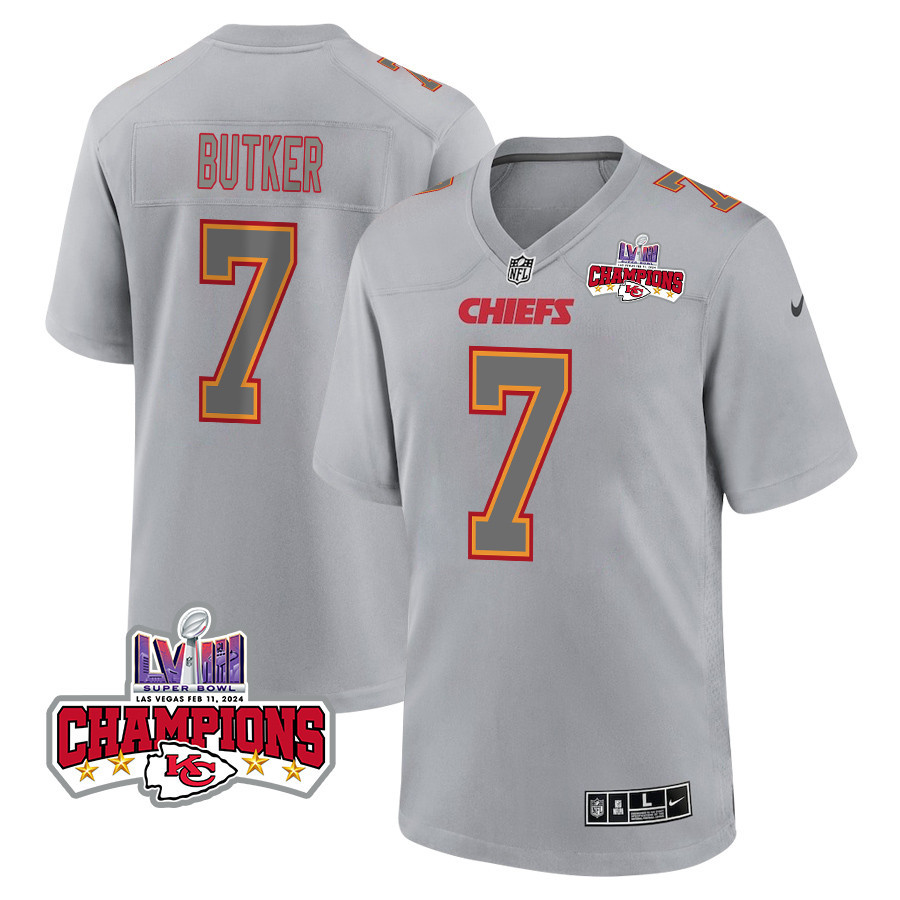 Harrison Butker 7 Kansas City Chiefs Super Bowl LVIII Champions 4 Stars Patch Atmosphere Fashion Game Men Jersey - Gray