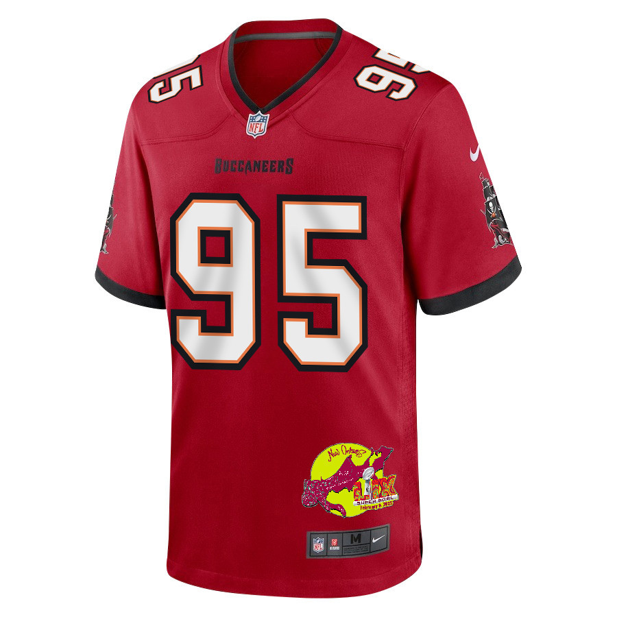 C.J. Brewer 95 Tampa Bay Buccaneers Super Bowl LIX New Orleans Patch Game Men Jersey - Red