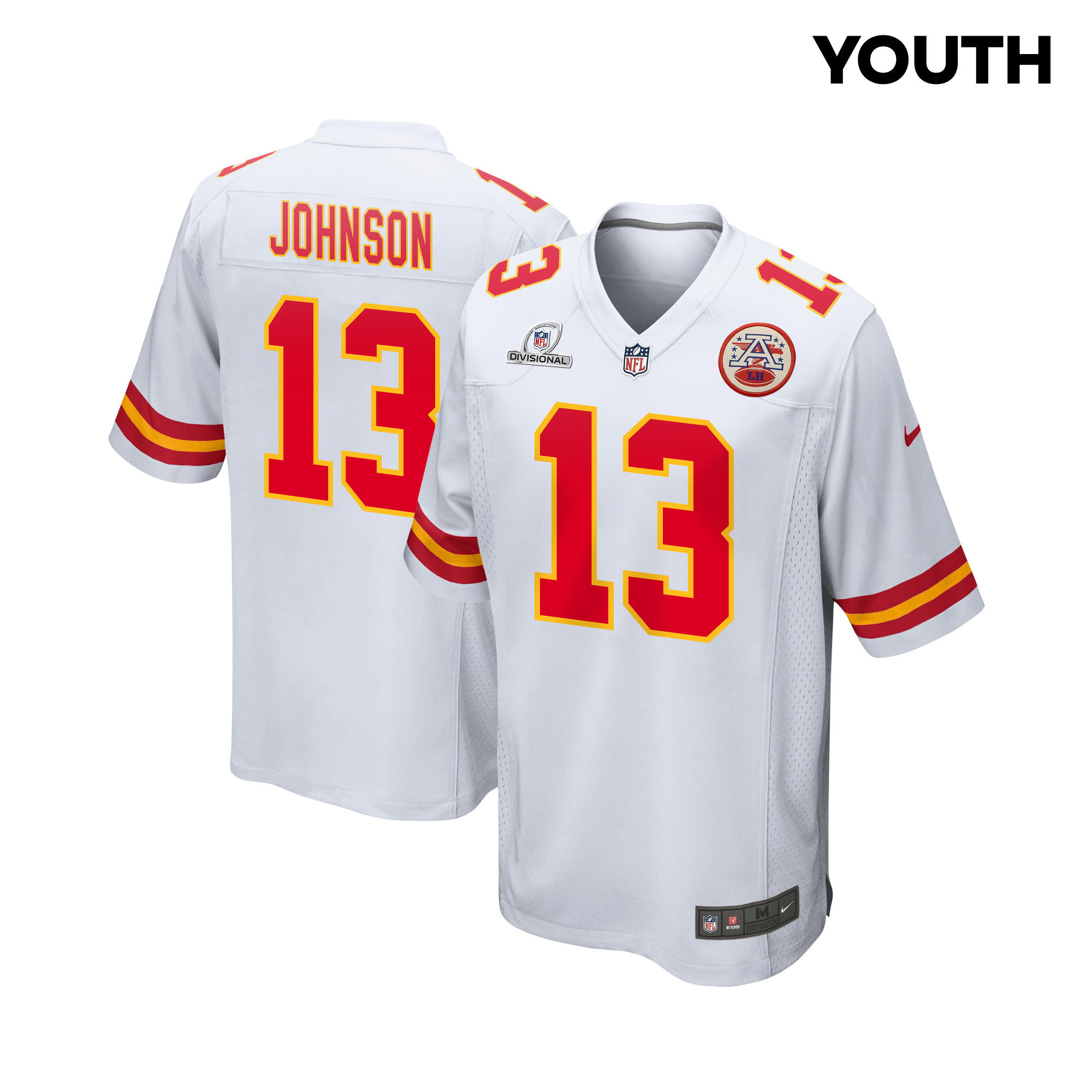 Nazeeh Johnson 13 Kansas City Chiefs Super Bowl LVIII Patch Game YOUTH Jersey - White
