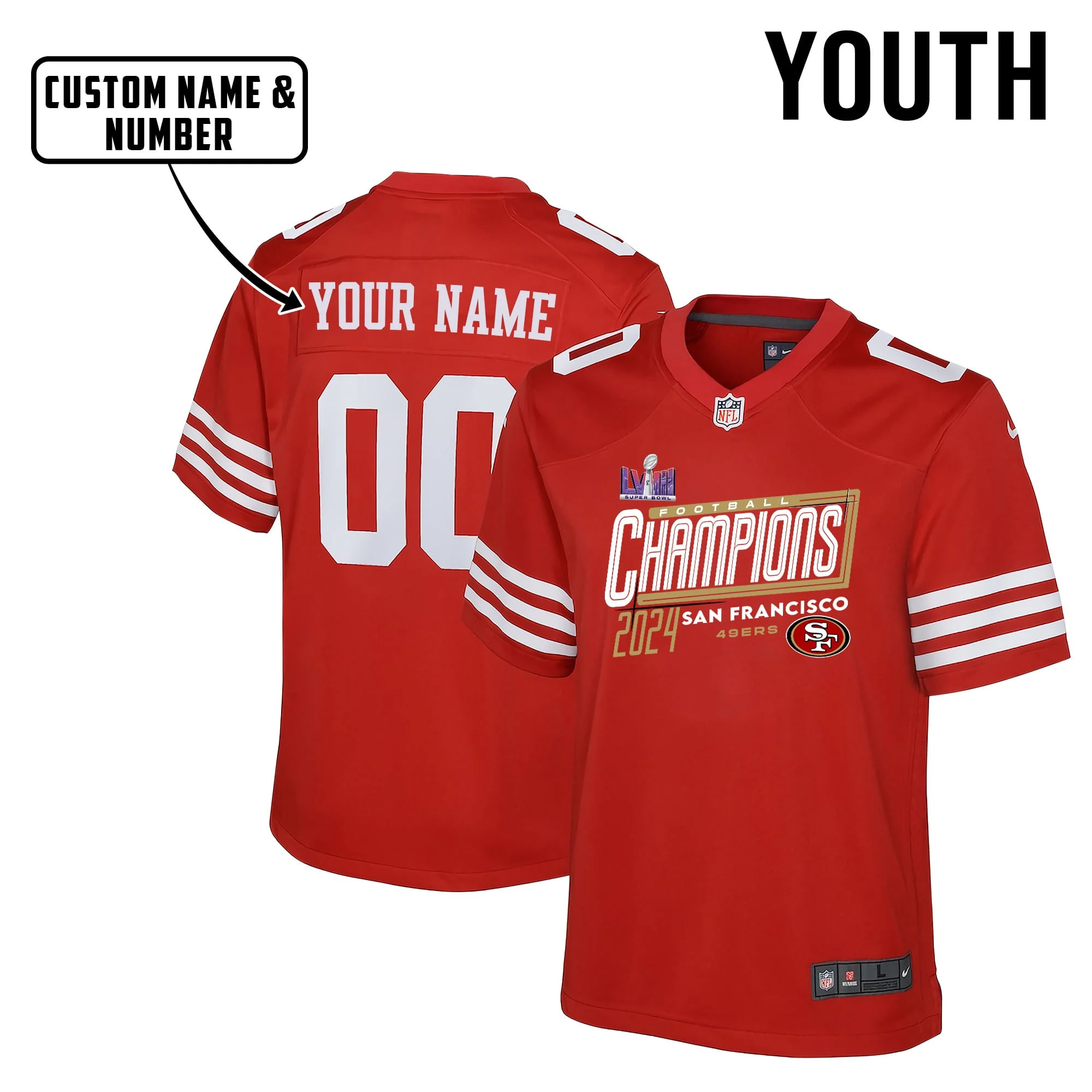 San Francisco 49ers Football Super Bowl LVIII Champions Game YOUTH Jersey - Red V24