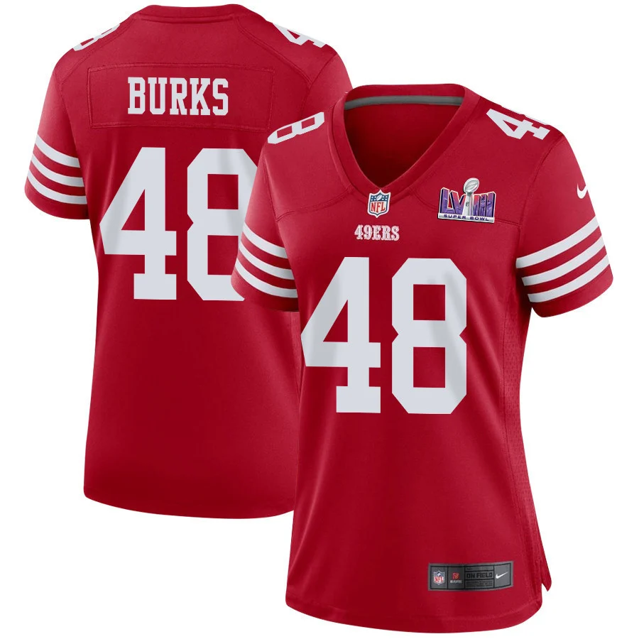 Oren Burks 48 San Francisco 49ers Super Bowl LVIII Patch Game Women Jersey - Scarlet
