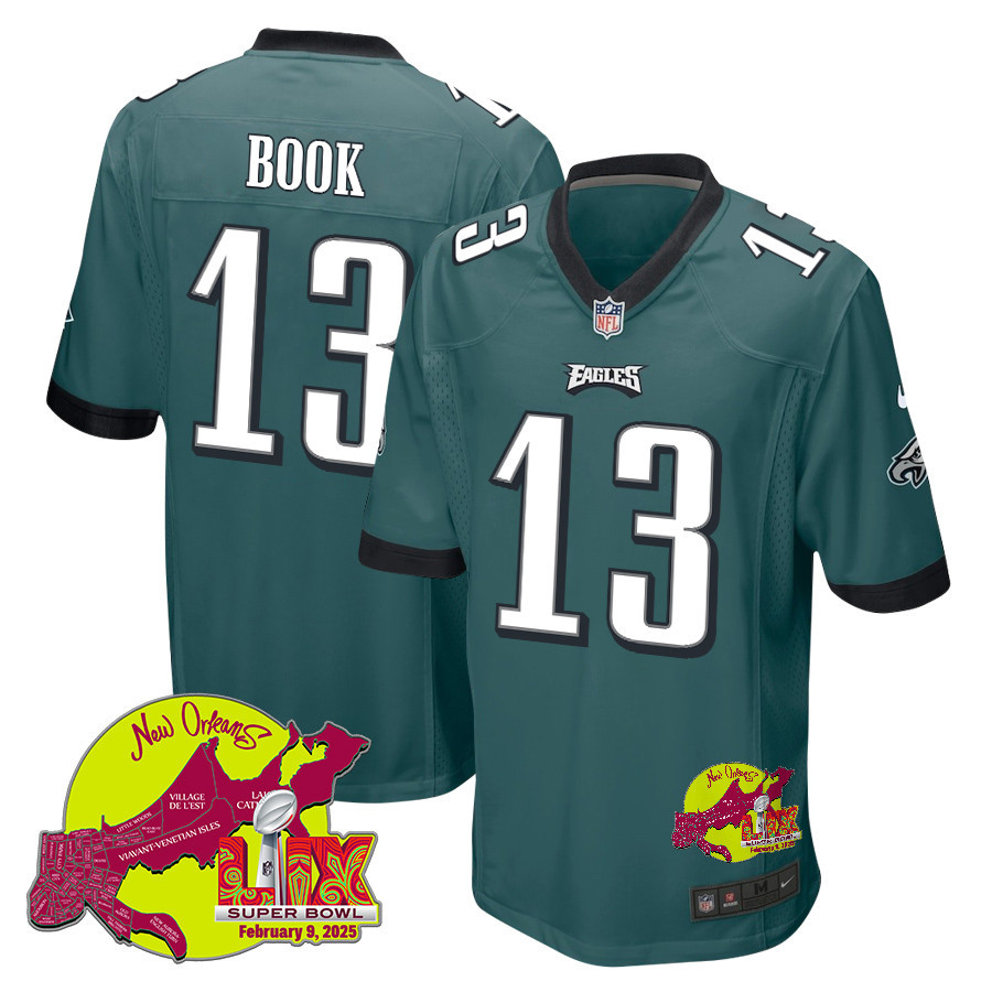 Ian Book 13 Philadelphia Eagles Super Bowl LIX New Orleans Patch Game Men Jersey - Midnight Green