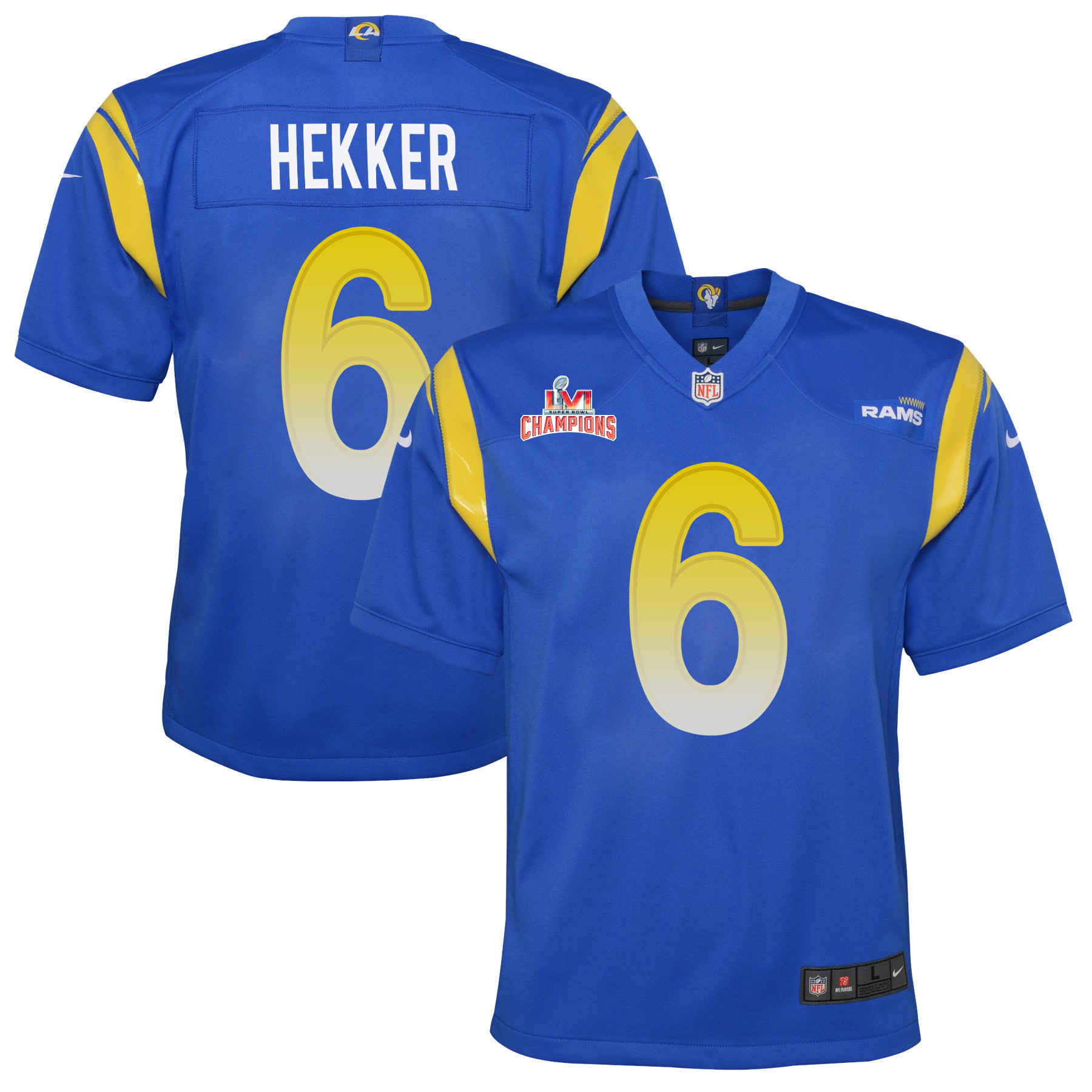 Super Bowl LVI Champions Los Angeles Rams Johnny Hekker 6 Royal Youth's Jersey Jersey