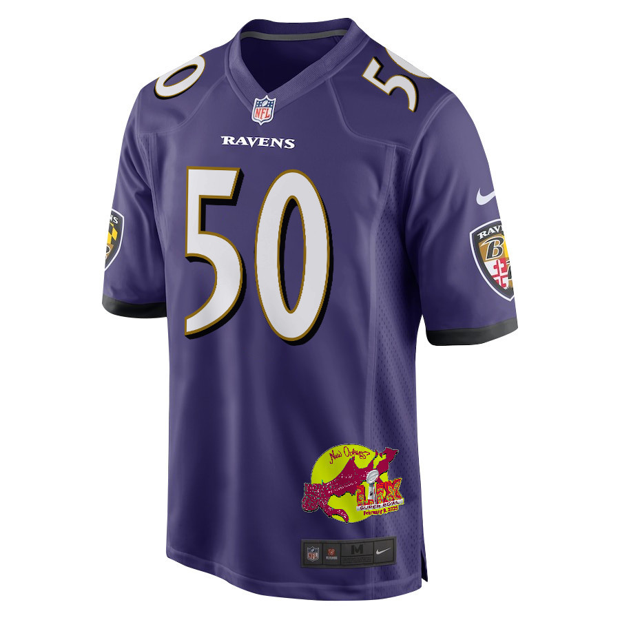 Adisa Isaac 50 Baltimore Ravens Super Bowl LIX New Orleans Patch Game Men Jersey - Purple