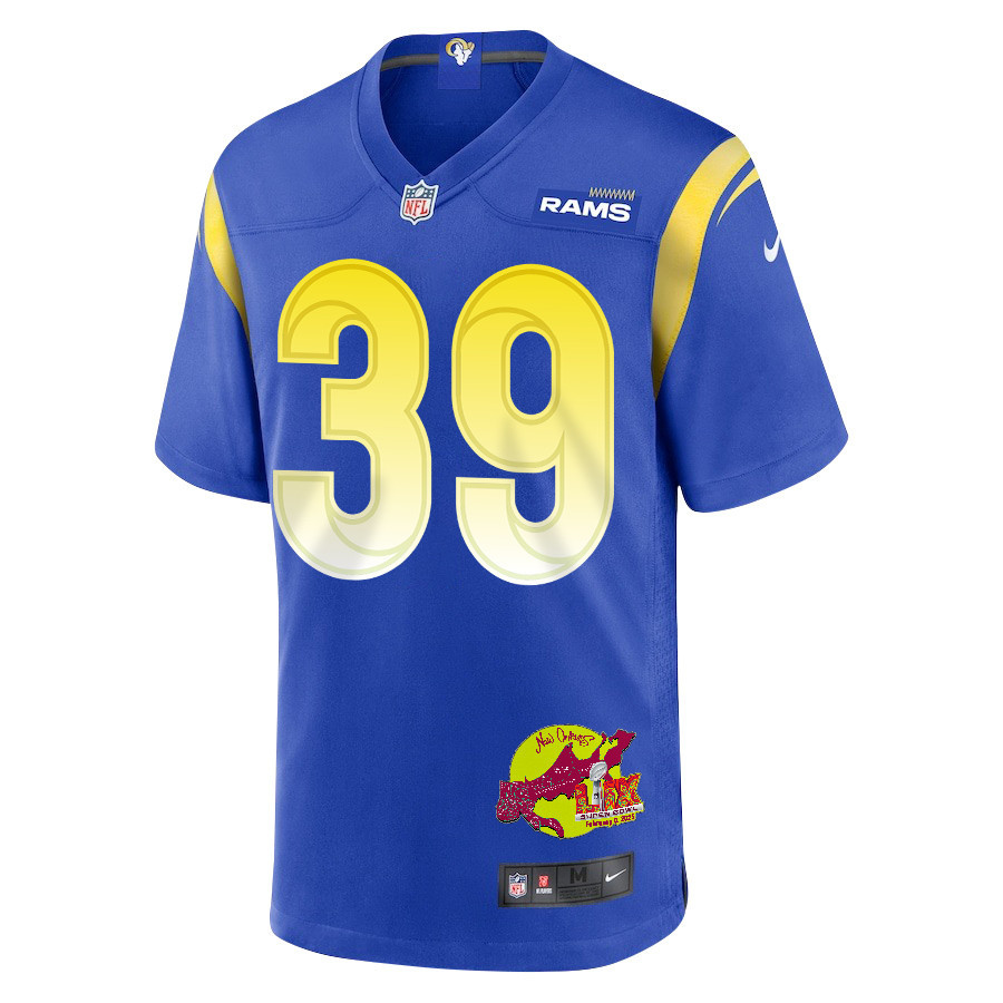 Jaylen McCollough 39 Los Angeles Rams Super Bowl LIX New Orleans Patch Game Men Jersey - Royal