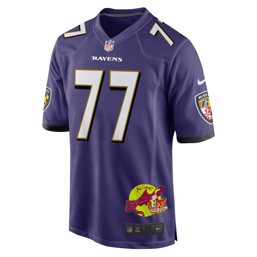 Daniel Faalele 77 Baltimore Ravens Super Bowl LIX New Orleans Patch Game Men Jersey - Purple
