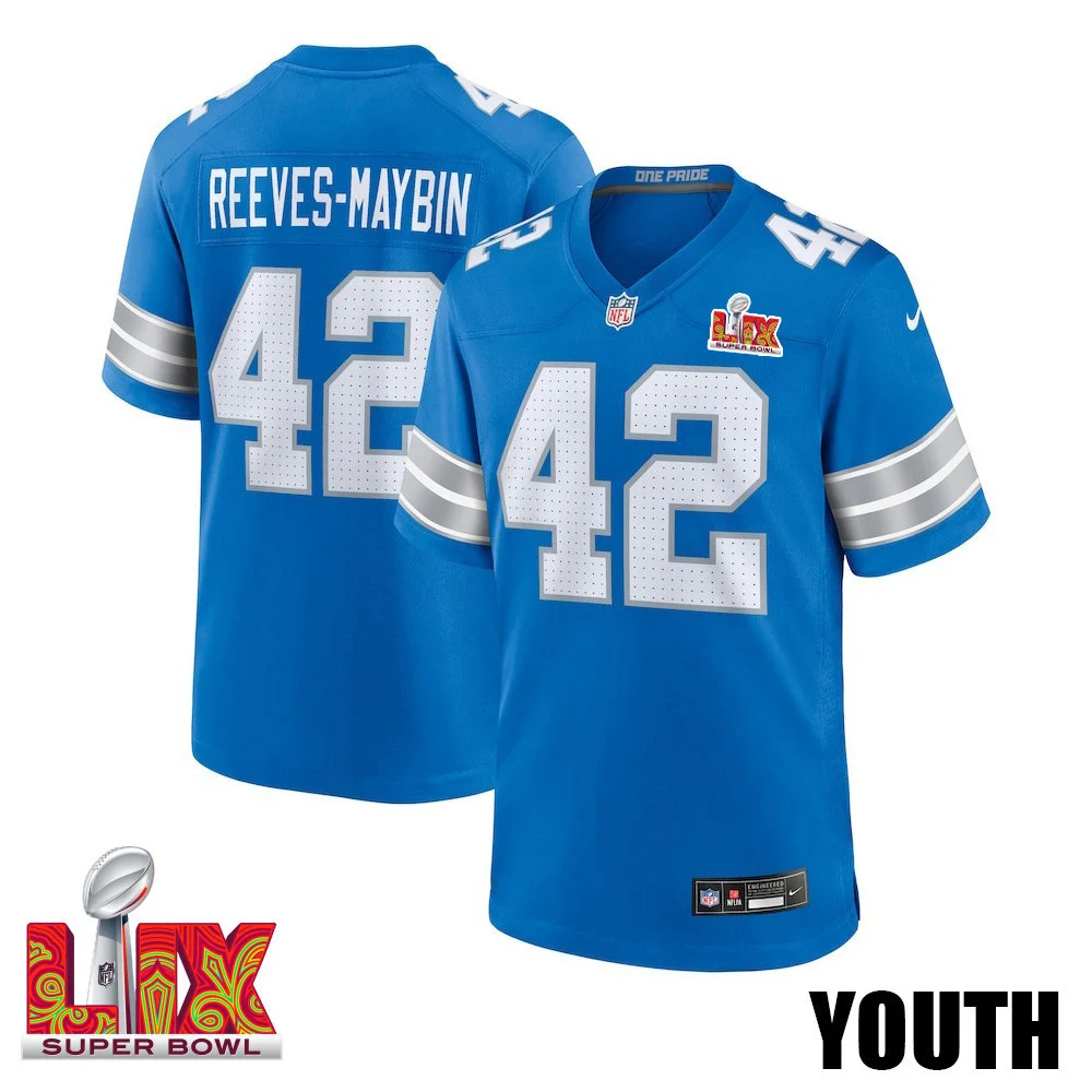 Jalen Reeves-Maybin #42 Detroit Lions Super Bowl LIX YOUTH Jersey - Blue