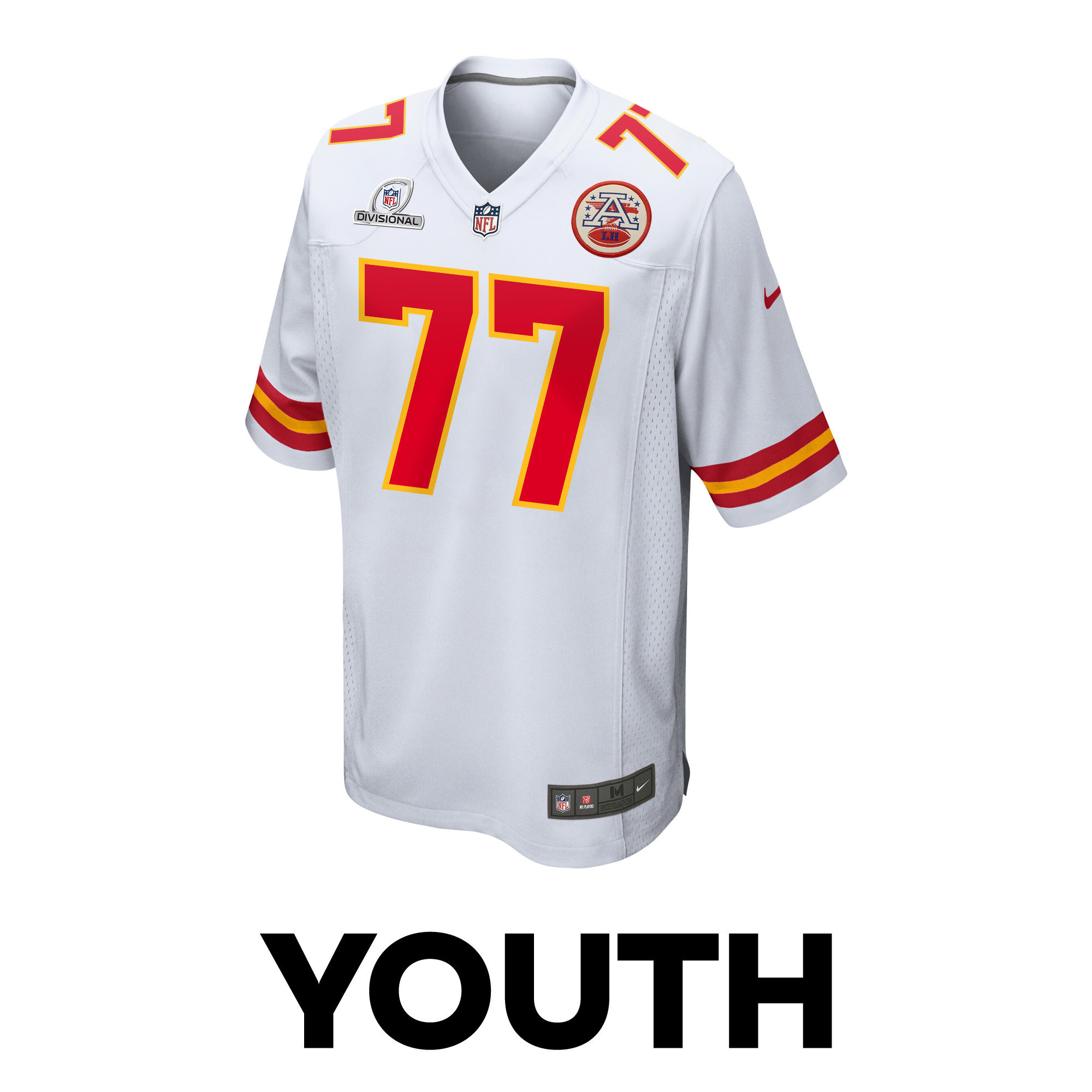 Lucas Niang 77 Kansas City Chiefs Super Bowl LVIII Patch Game YOUTH Jersey - White