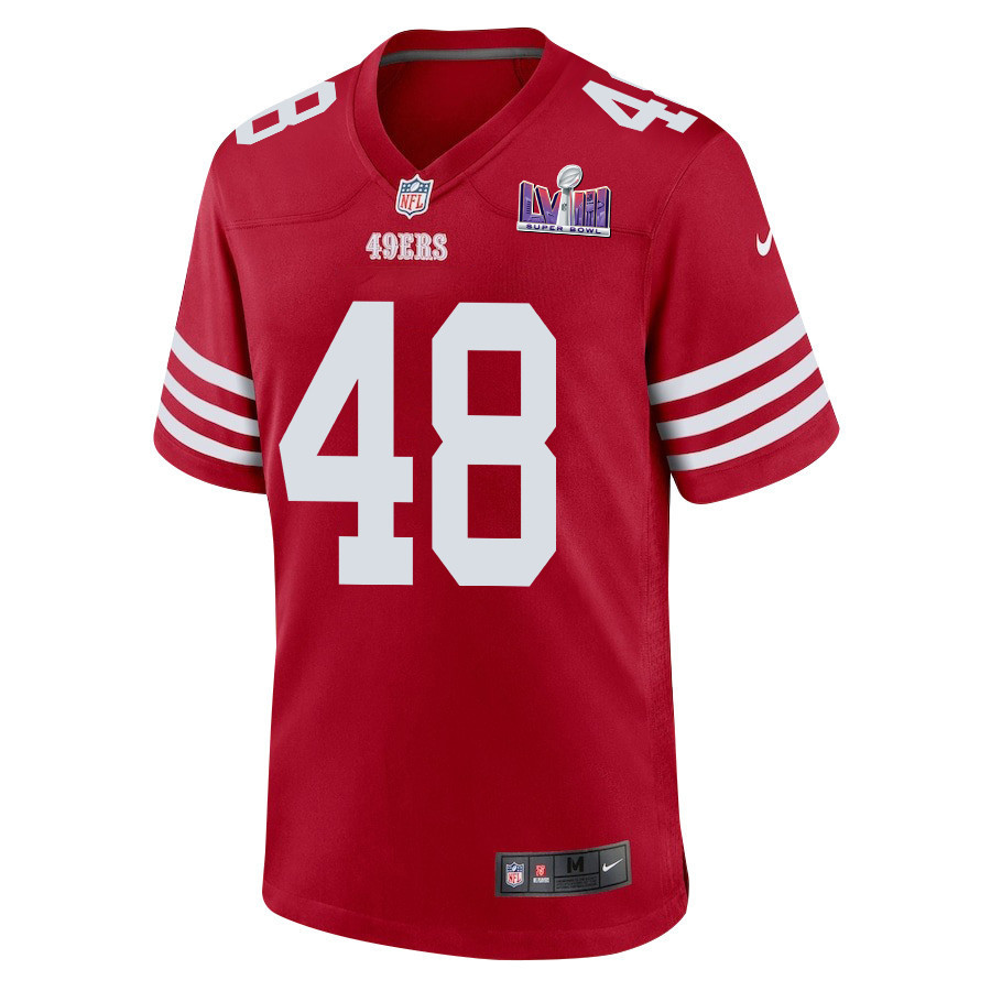 Oren Burks 48 San Francisco 49ers Super Bowl LVIII Patch Game Men Jersey - Scarlet