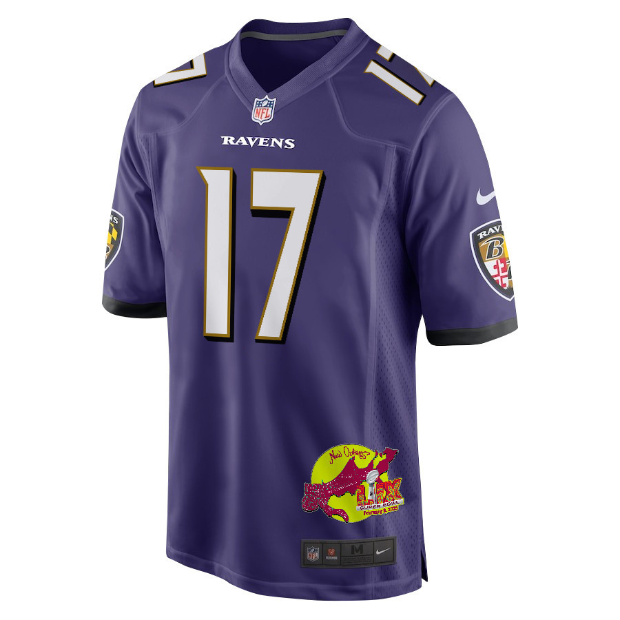 Josh Johnson 17 Baltimore Ravens Super Bowl LIX New Orleans Patch Game Men Jersey - Purple