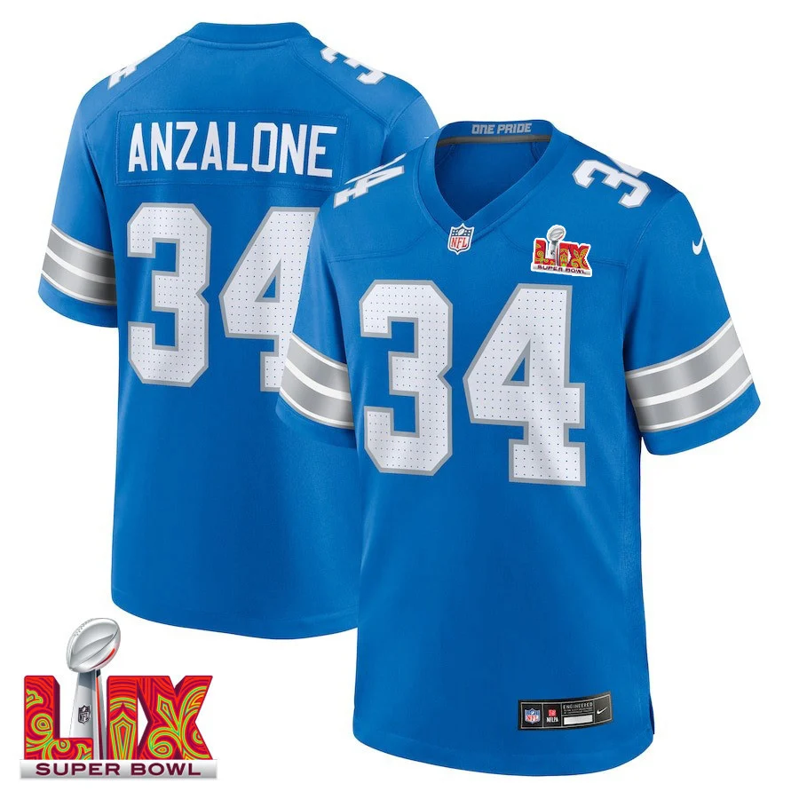 Alex Anzalone #34 Detroit Lions Super Bowl LIX Jersey - Men's - Blue