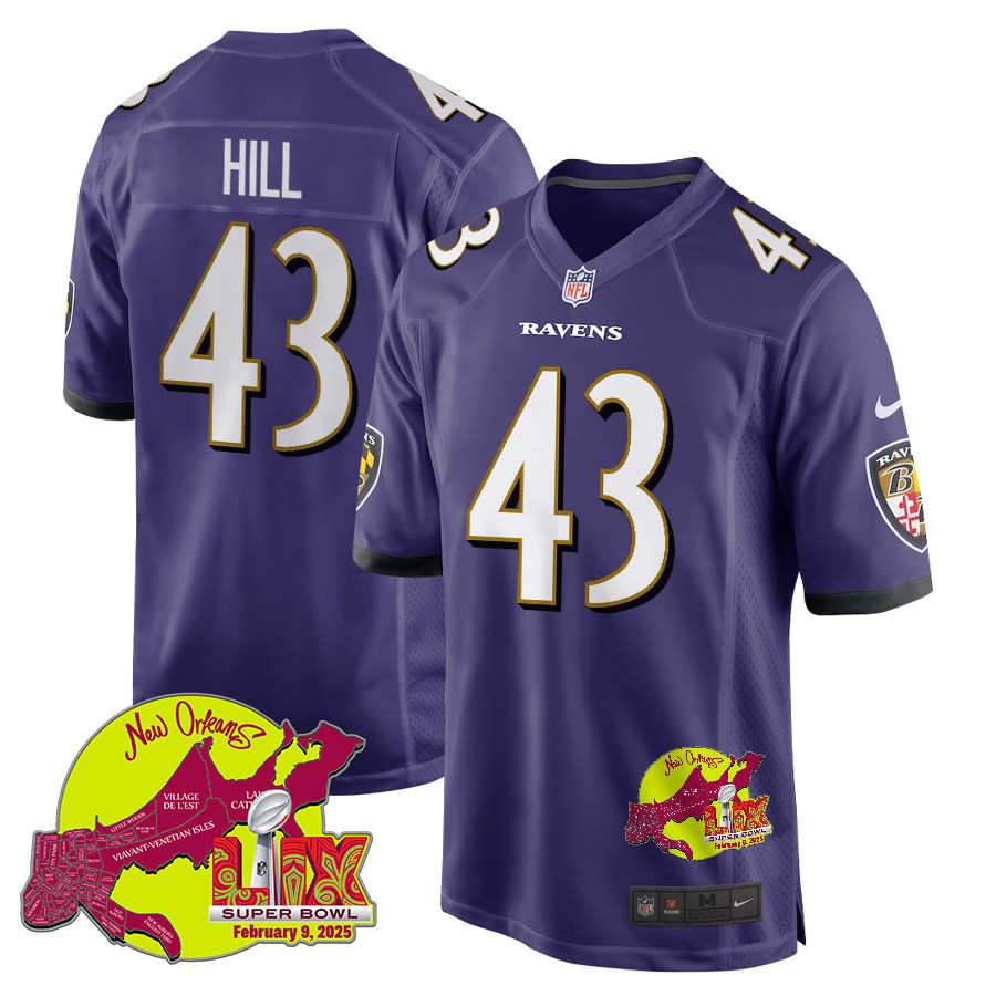 Justice Hill 43 Baltimore Ravens Super Bowl LIX New Orleans Patch Game Men Jersey - Purple