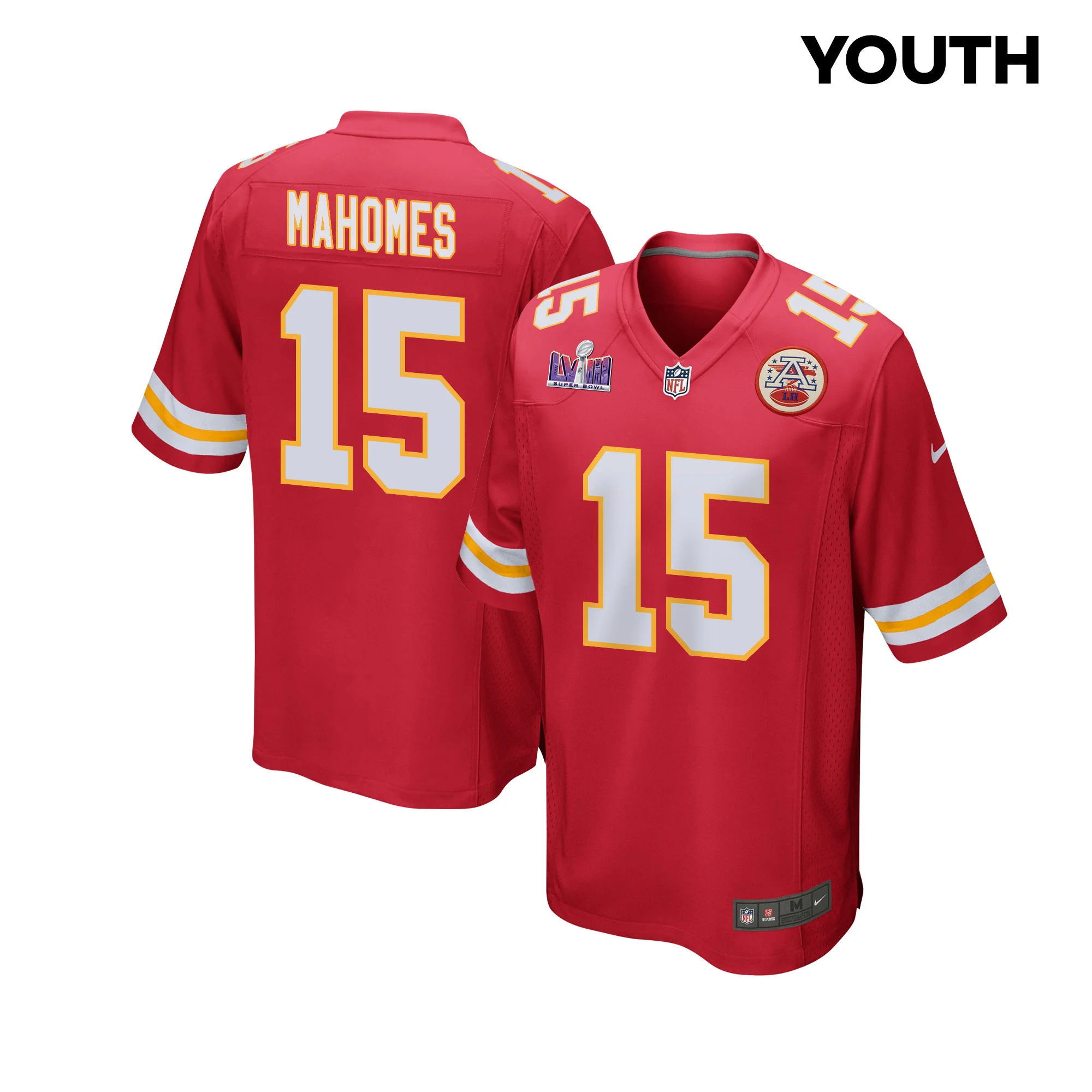 Patrick Mahomes 15 Kansas City Chiefs Super Bowl LVIII Patch Game YOUTH Jersey - Red