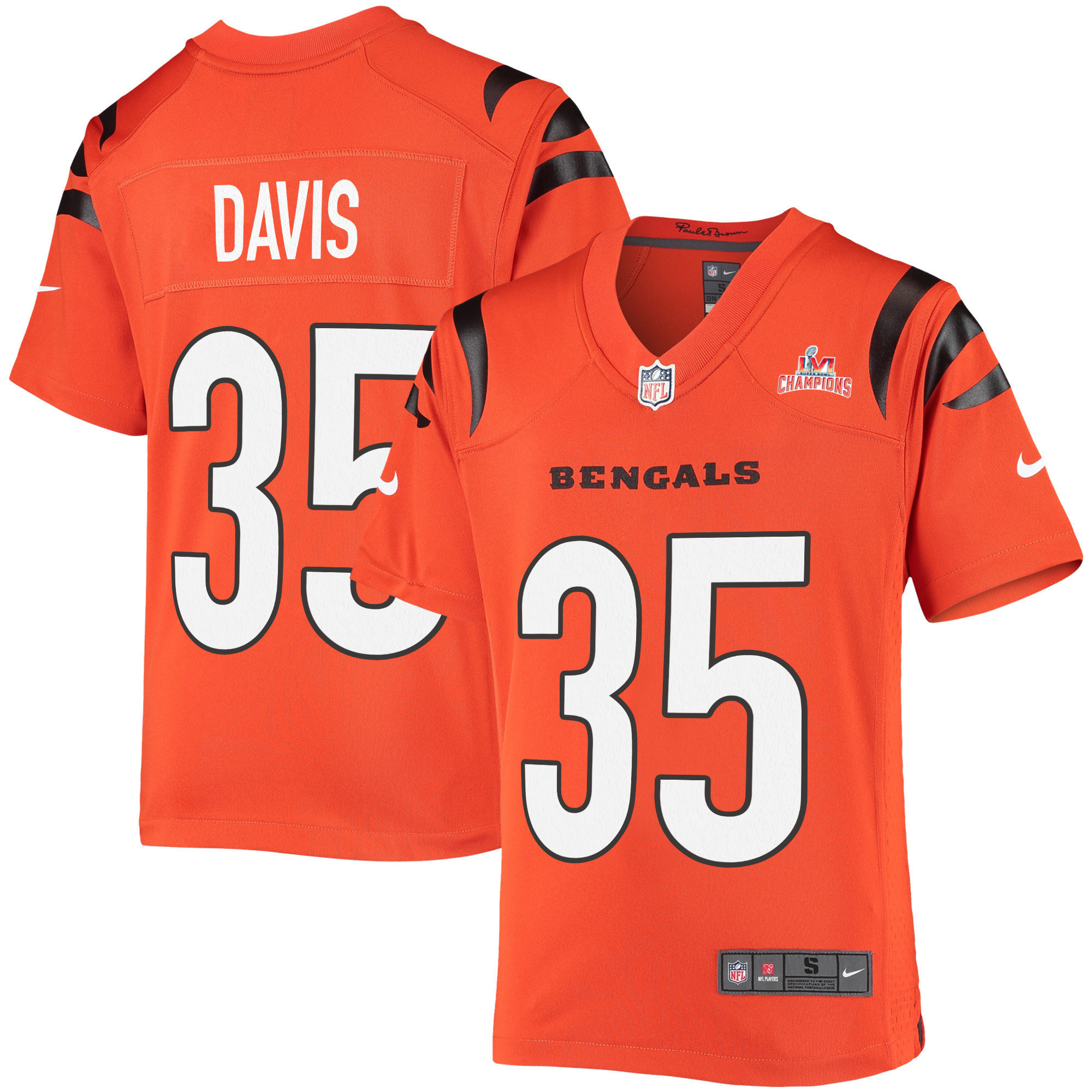 Super Bowl LVI Champions Cincinnati Bengals Jalen Davis 35 Orange Youth's Jersey Jersey