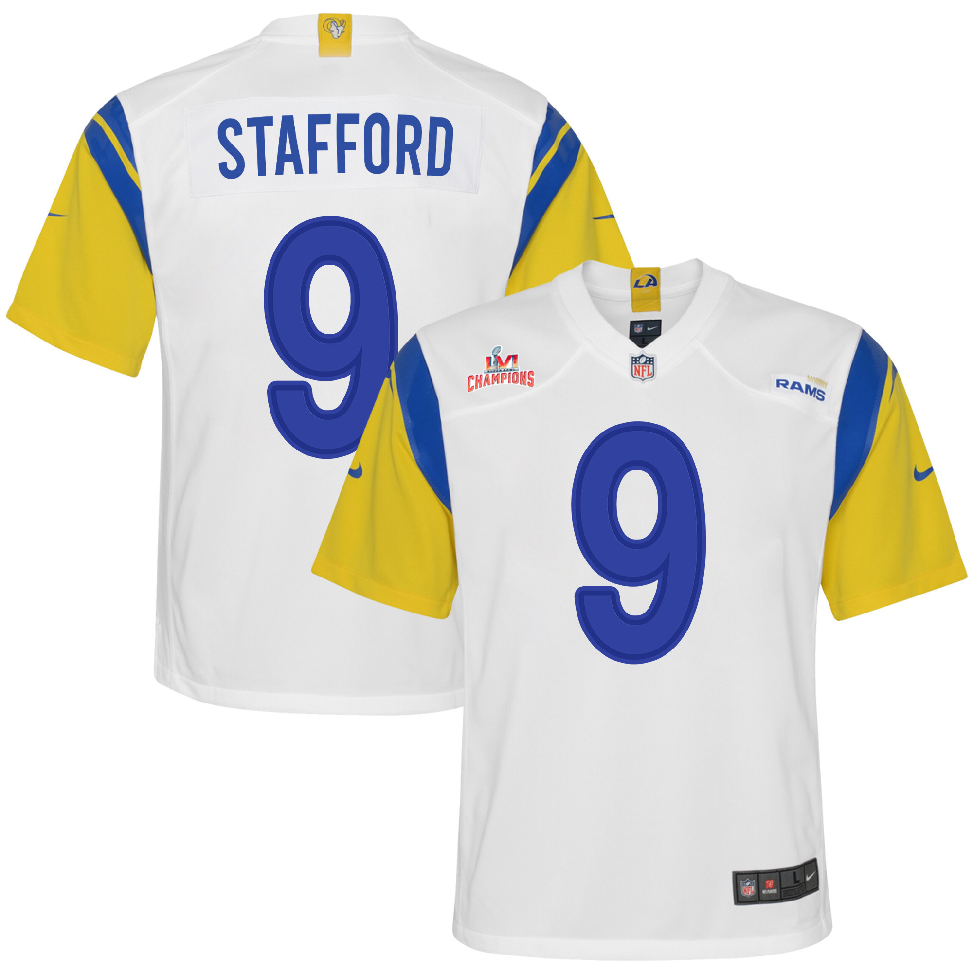 Super Bowl LVI Champions Los Angeles Rams Matthew Stafford 9 White Youth's Jersey Jersey