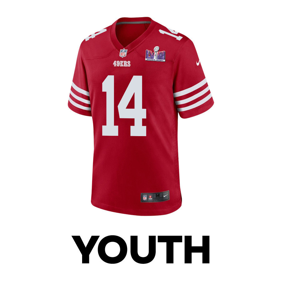 Sam Darnold 14 San Francisco 49ers Super Bowl LVIII Patch Game YOUTH Jersey - Scarlet