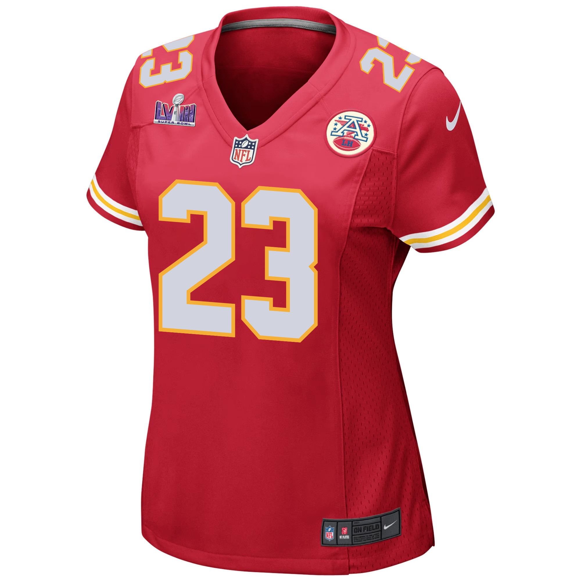Drue Tranquill 23 Kansas City Chiefs Super Bowl LVIII Patch Game Women Jersey - Red